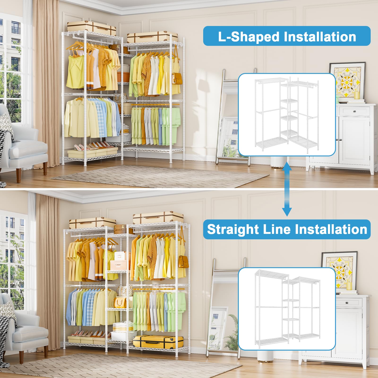 Ulif E4 Clothes Rack, Heavy-Duty Garment Rack, Metal Freestanding Clothing Organization Storage System Can Be L-Shaped With Shel