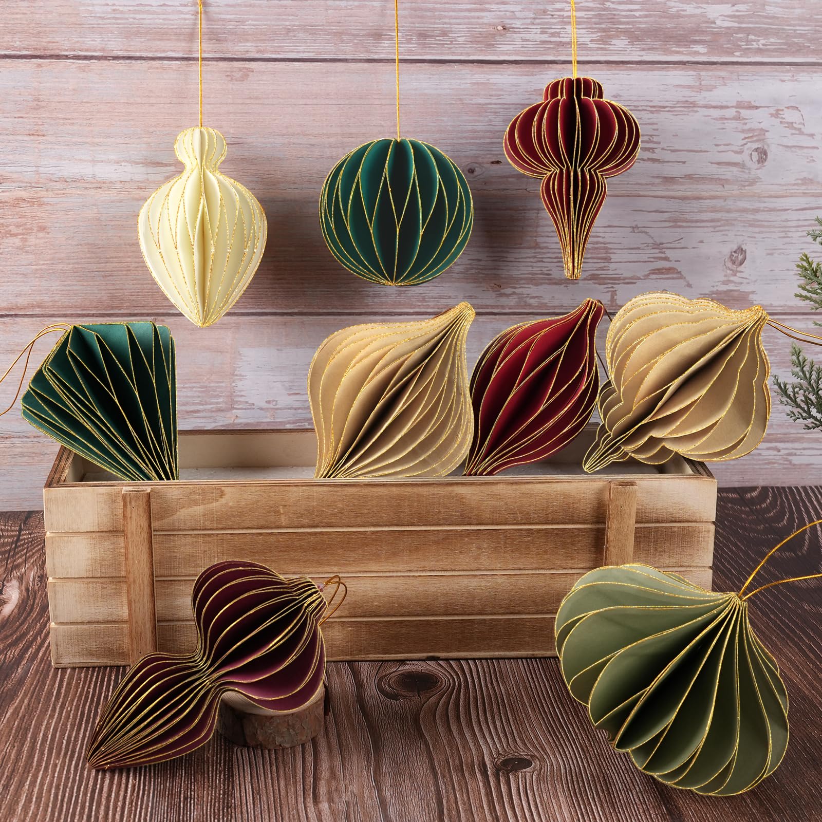 12Pcs Christmas Paper Honeycomb Ornaments for Tree, 3D Glitter Edge Paper Honeycomb Lanterns Foldable Neutral Hanging Decoration