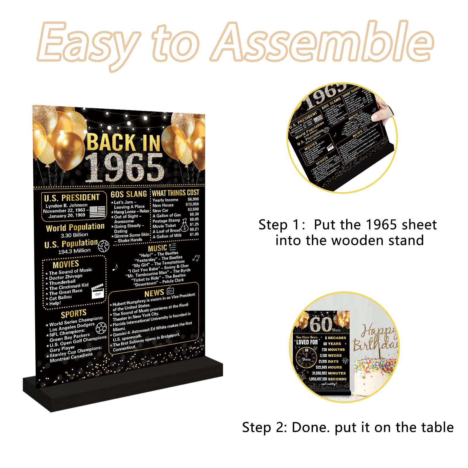 Trgowaul 60Th Birthday Decorations Women Men, Black Gold Back In 1965 Birthday Poster Acrylic Table Sign With Stand, 60Th Annive