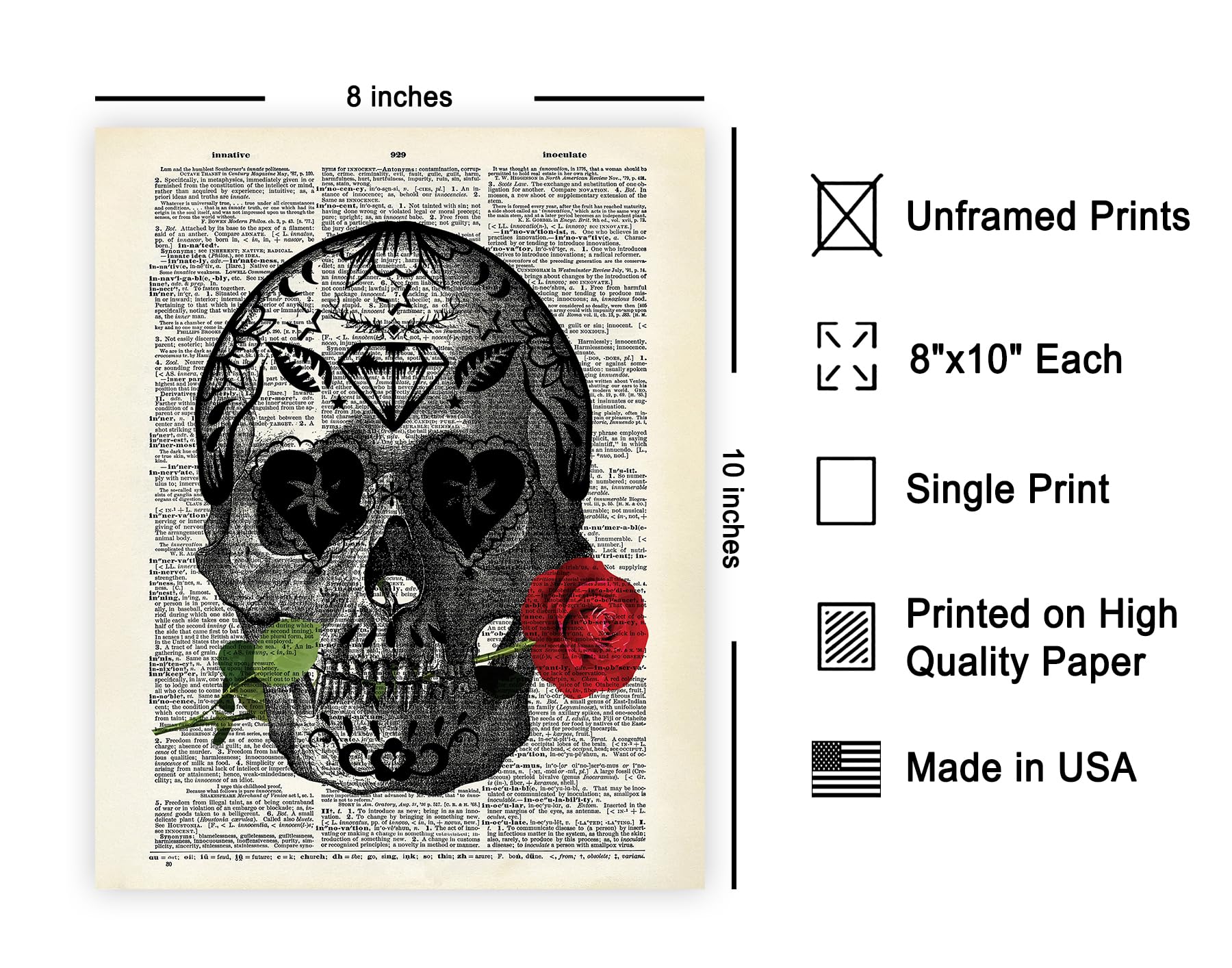 Poster Master Dictionary Art Poster - Rose And Sugar Skull Print - Flower Art - Tattoo Art - Day Of The Dead Art - Goth Gift For