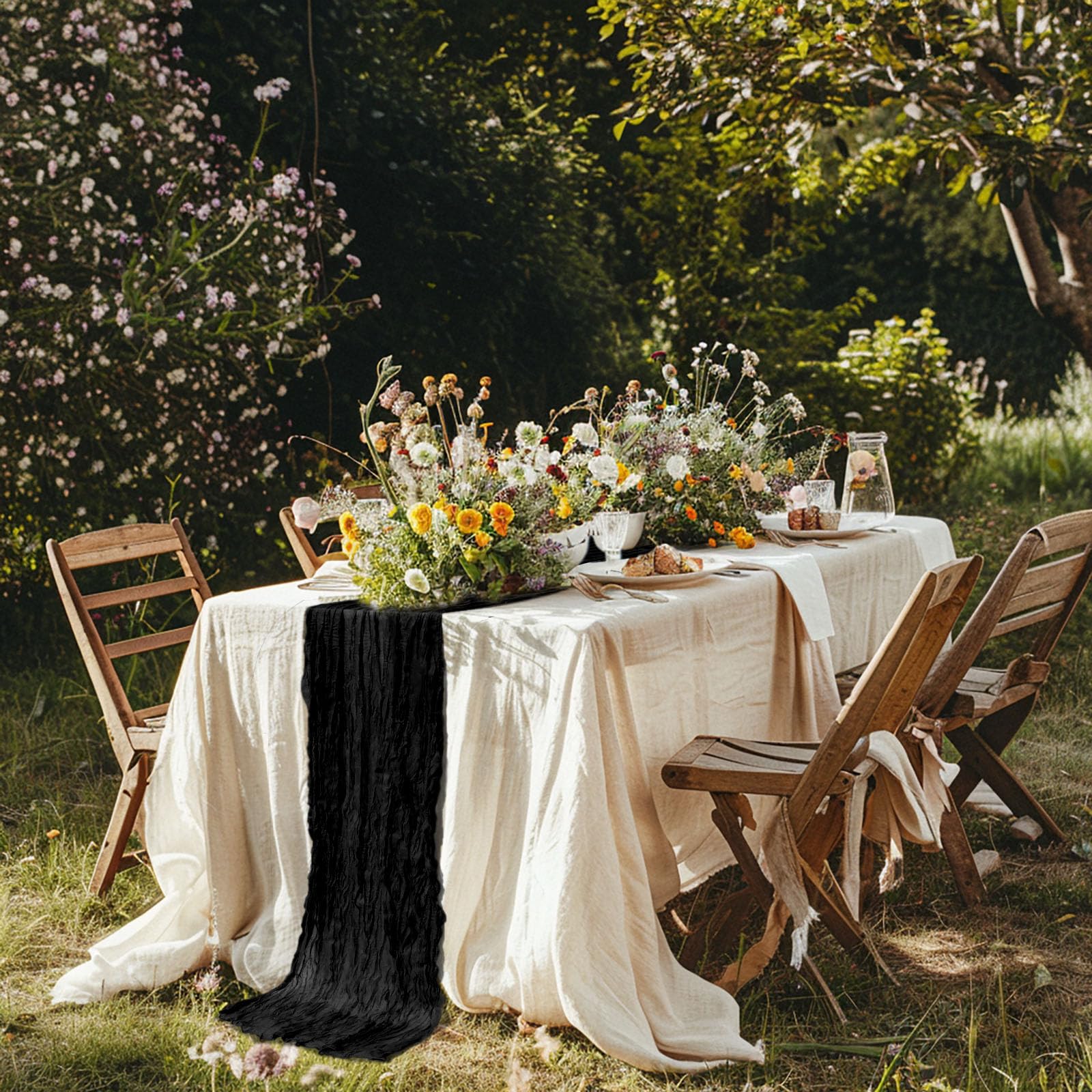 Fusenyuan Black Cheesecloth Table Runner 10Ft 1Pcs Rustic Boho Gauze Table Runner Romantic Sheer Table Runner 120 Inches Long Fo