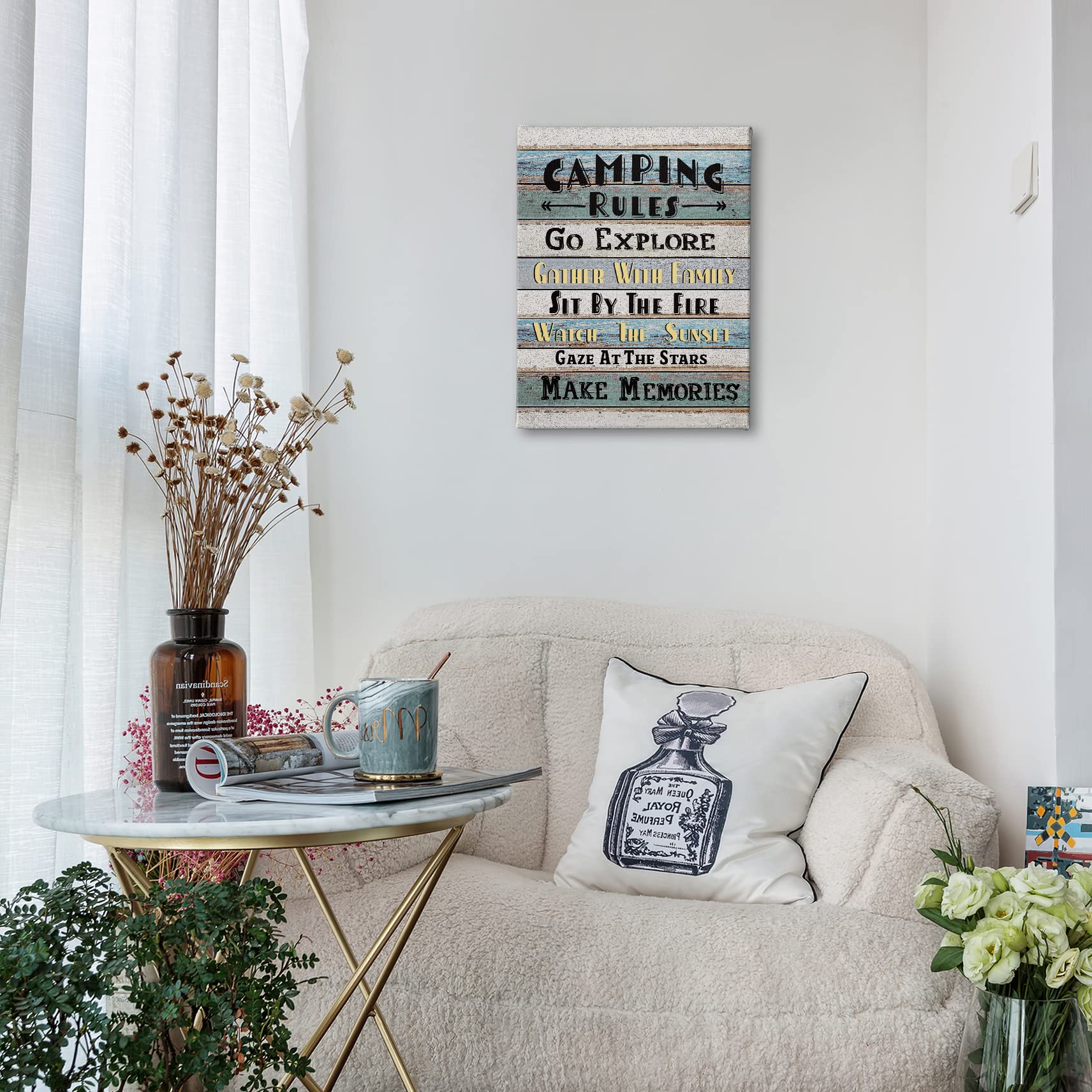 Phamte Funny Camping Rules Quote Wall Art, Farmhouse Rustic Camping Rules Camper Signs Print Framed Canvas Painting Artwork Rv H