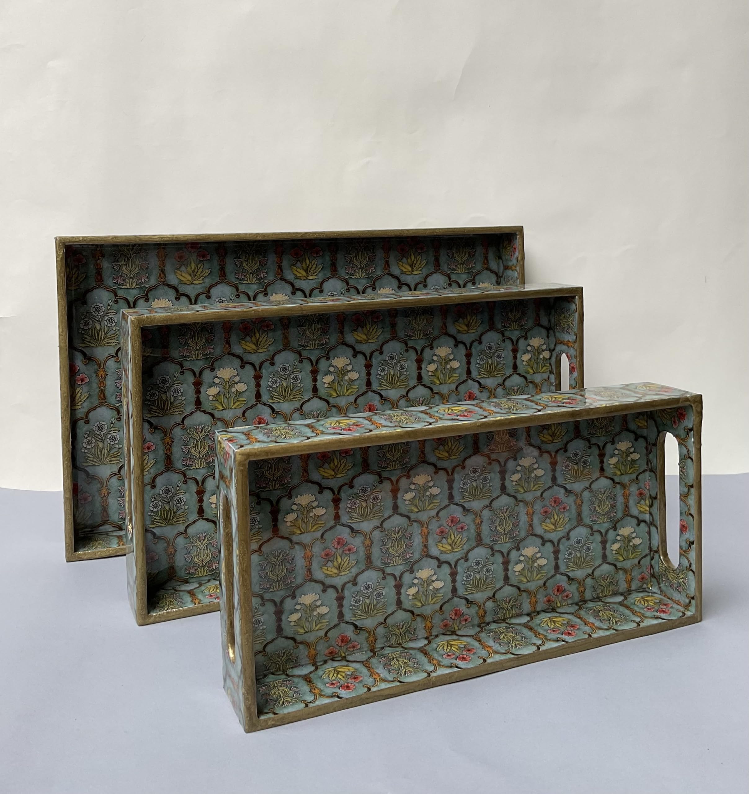 Mg Decor Kart Set Of 3 Waterproof Wooden Trays  Traditional Jharoka & Floral Motif Design, Multipurpose Lacquer Coated Mdf Serv