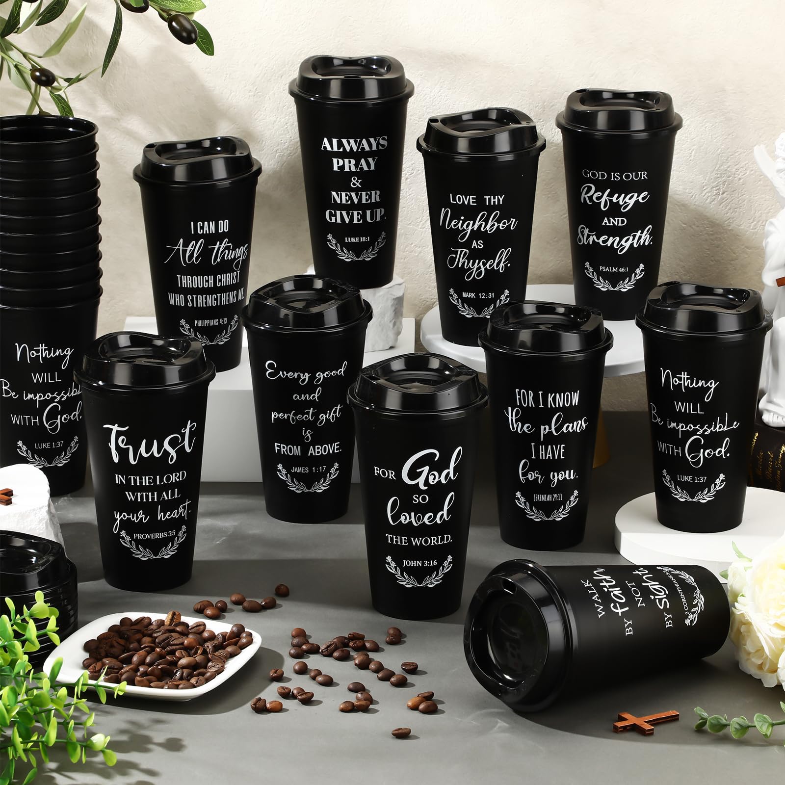 Skylety 20 Pack Christian Gifts for Men Women 16oz Reusable Bible Verse Tumbler Bulk Plastic Coffee Cups with Lids Inspirational