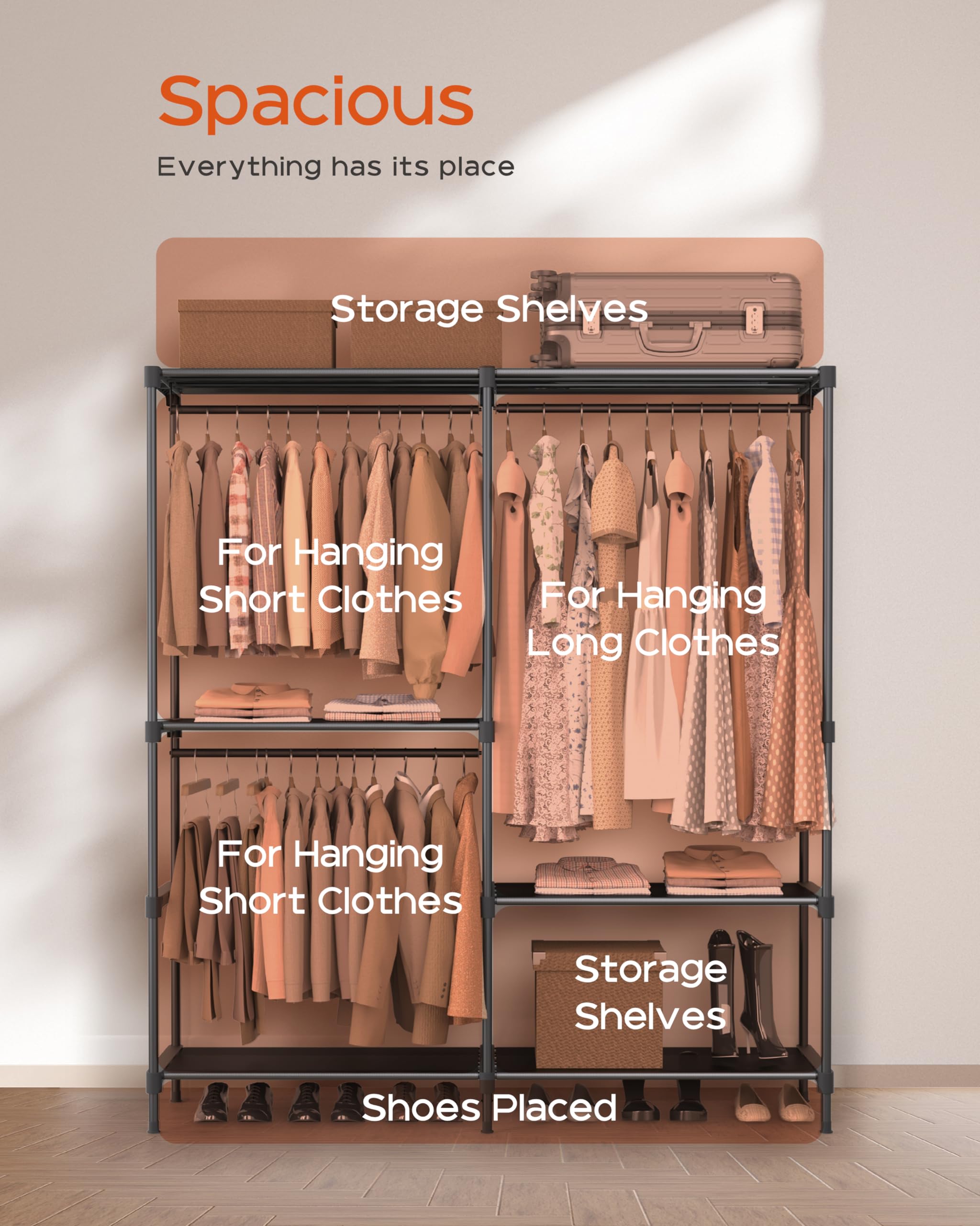 Casamaya Clothes Rack, Portable Closet, 54.3 Inch Large Capacity Wardrobe Closet, Clothes Storage Organizer With Shelves And 3 H