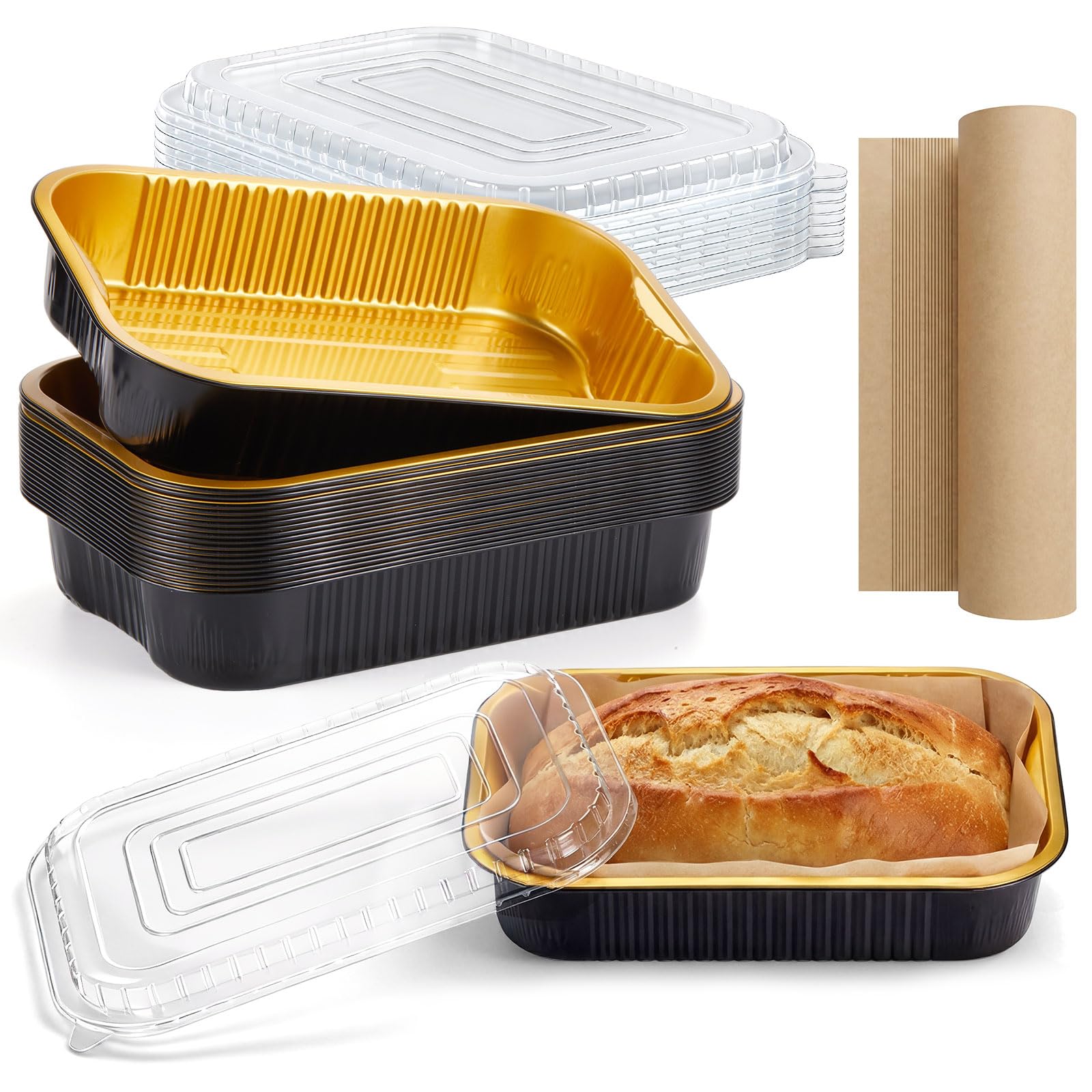 Acellegic 20 Pack Aluminum Loaf Pans with Lids and Baking Paper Disposable Bread Pans 13 x 9.84 x 2.36 Inches Black Gold Aluminu