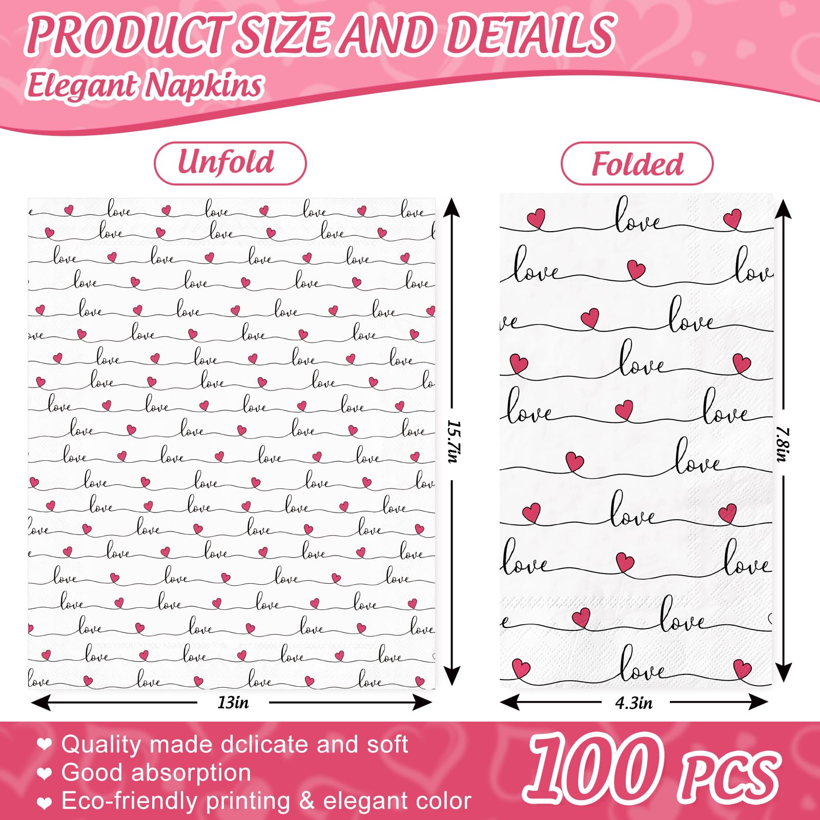 Anydesign 100Pcs Valentine'S Day Guest Napkin Love Hearts Disposable Napkins Sweet Dinner Hand Napkin For Wedding Anniversary Br