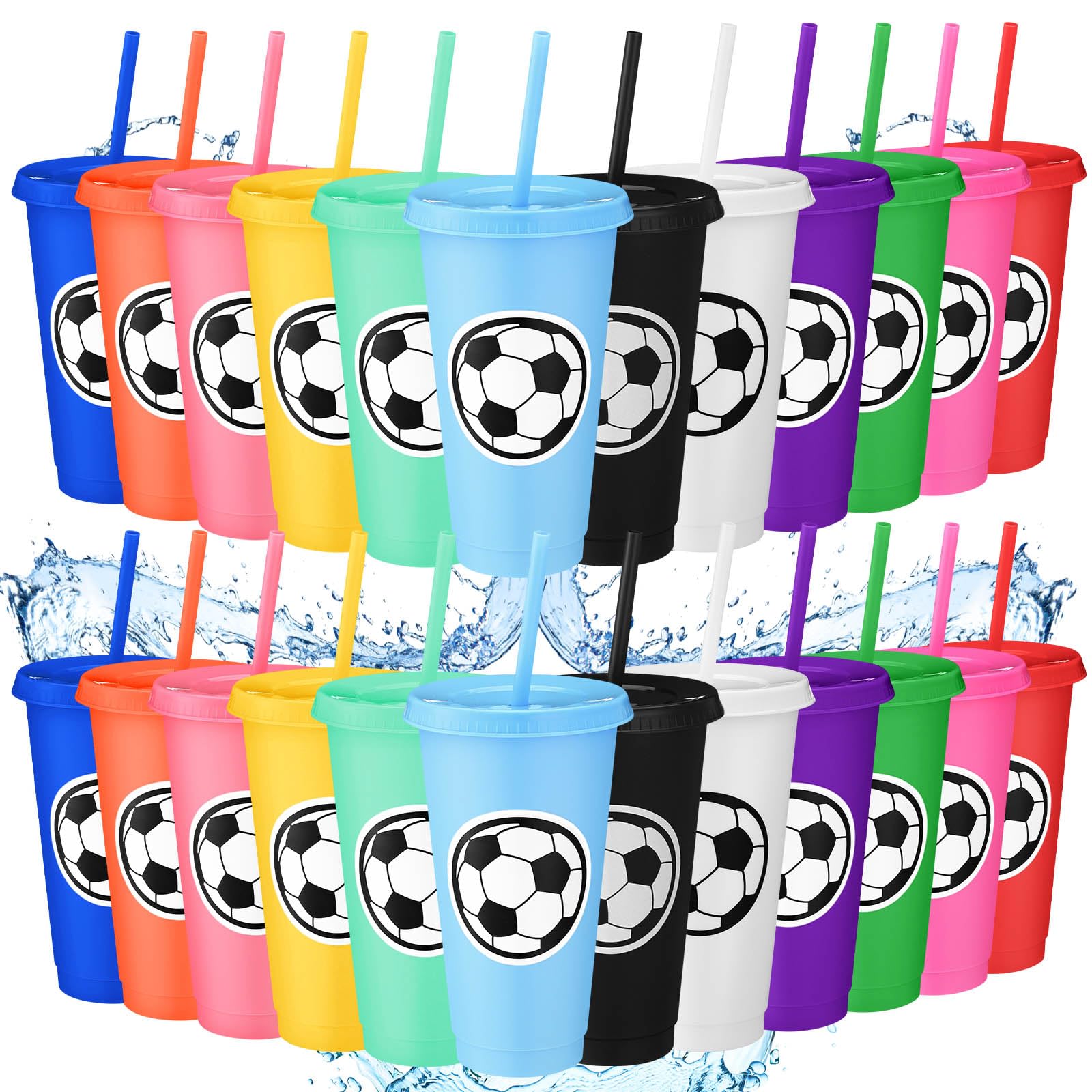 Domensi 24 Pcs Sport Soccer Plastic Cups with Lid and Straw 24 oz Reusable Plastic Cups Coffee Tumblers Gift for Fan Friend Gues
