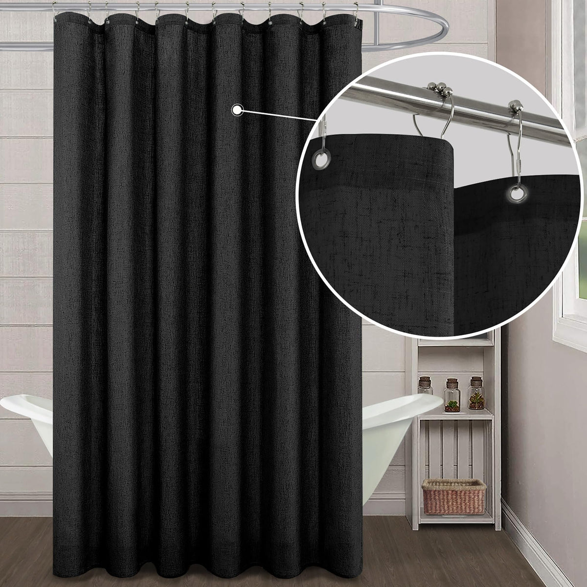 Koufall Black Shower Curtain Set With Hooks,Linen Cloth Fabric Waterproof Boho Gothic Shower Curtain For Bathroom Decor,72 X 72