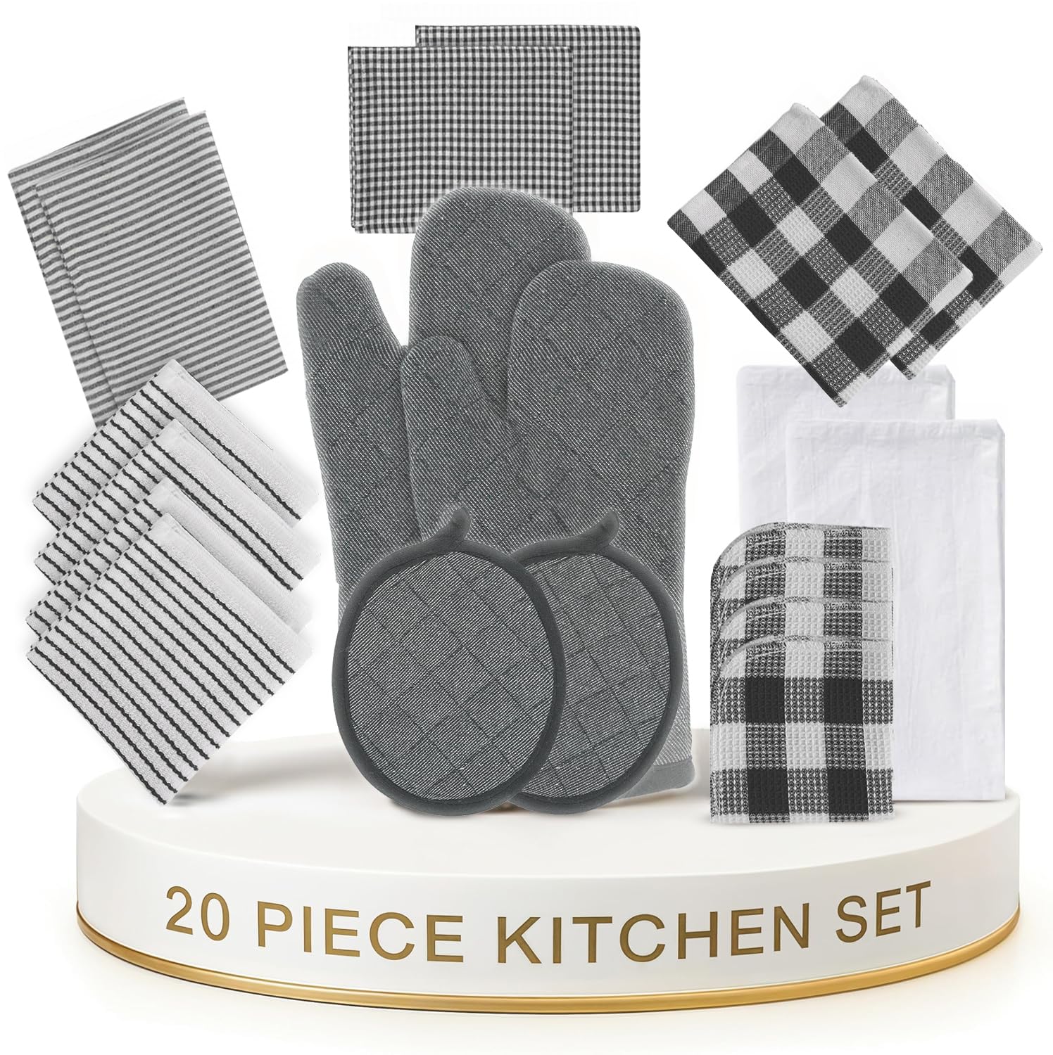LANE LINEN Kitchen Towels & Dishcloths Set - 20-Piece Kitchen Essentials for New Home, Heat-Resistant Oven Mitts & Pot Holder, A