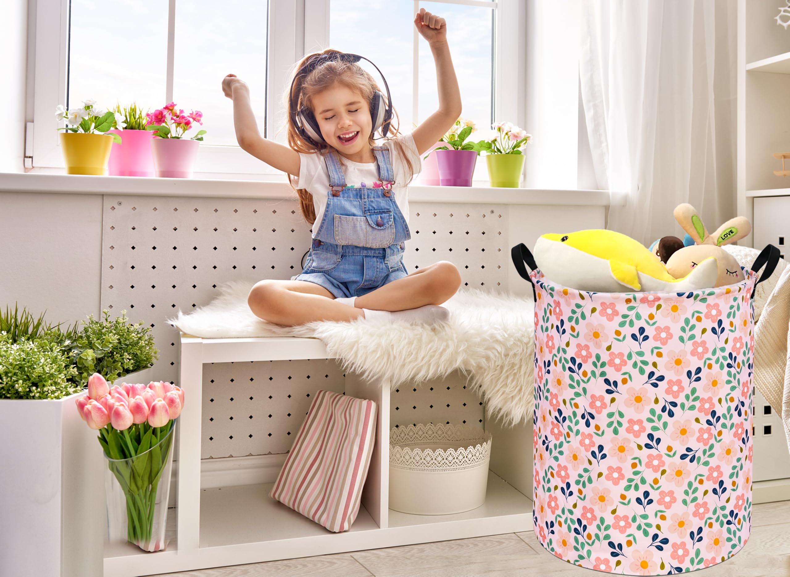 Kids Flower Hamper Storage Bins,Girls Room Decor Laundry Basket,Waterproof Clothes Organizer For Women Toy Box Large Canvas Coll