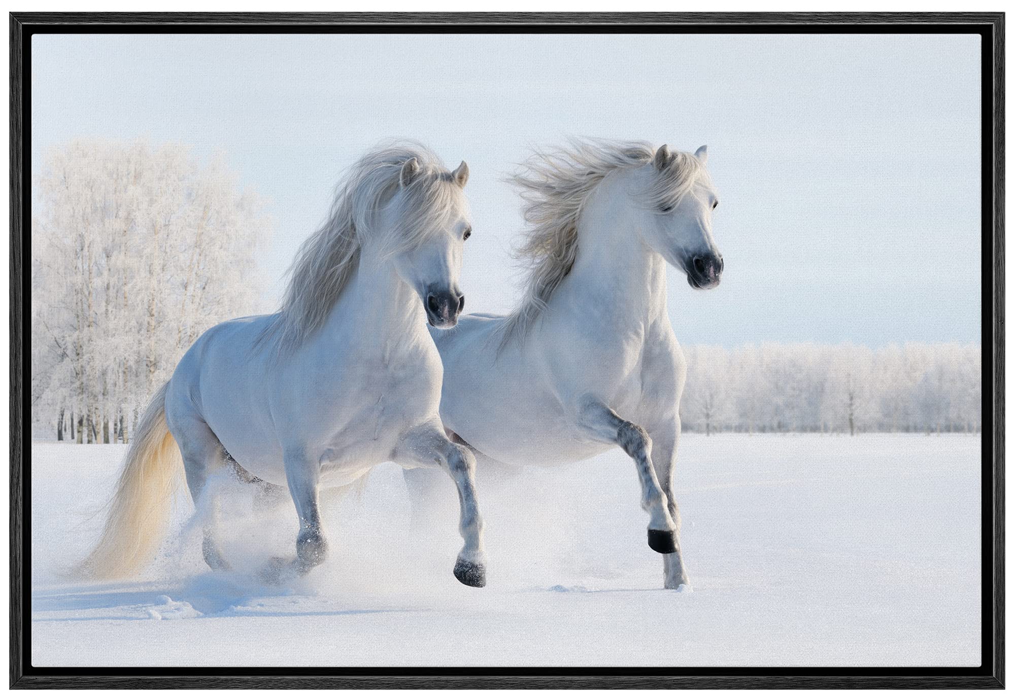 Wall26 Framed Canvas Print Wall Art Duo Of White Stallion In Snowy Winter Forest Field Animals Wildlife Realism Rustic Scenic Na