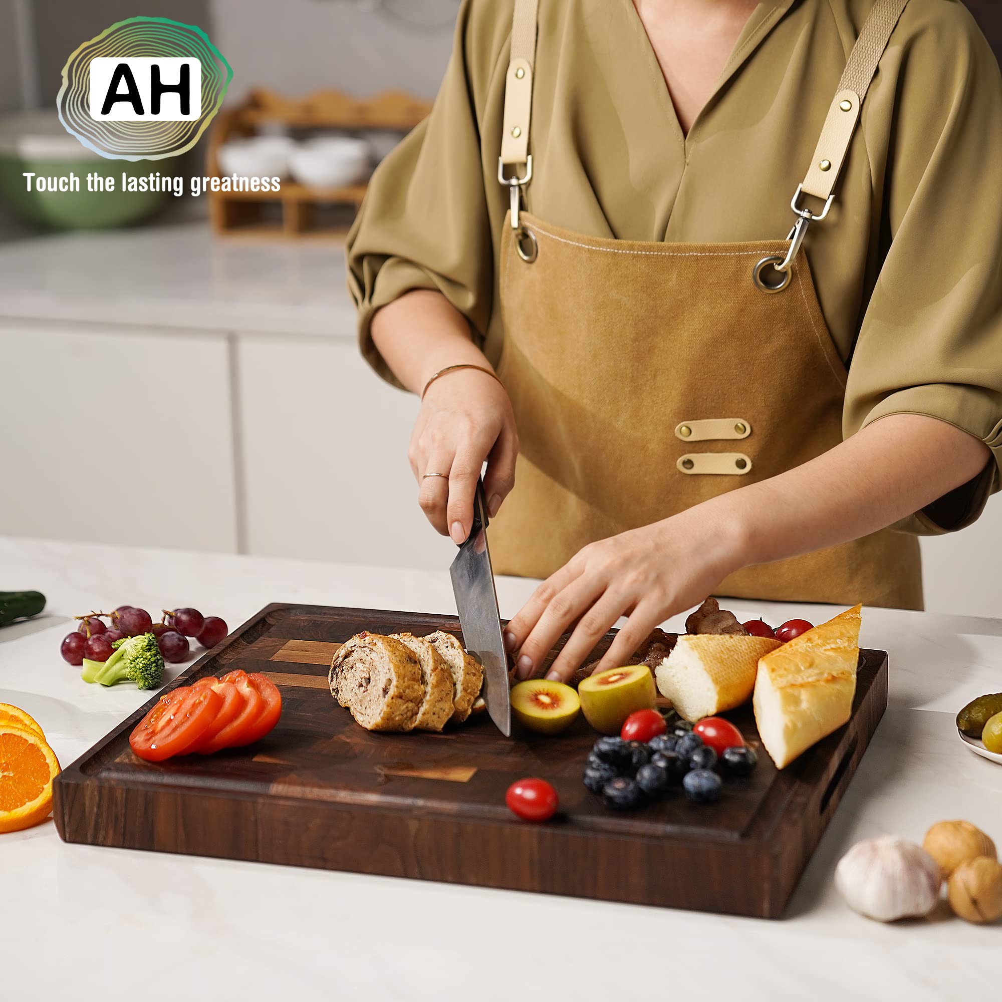 AZRHOM Large End Grain Walnut Wood Cutting Board 17x13x1.5 in Thick Butcher Block for Kitchen with Non-slip Mats Juice Groove &