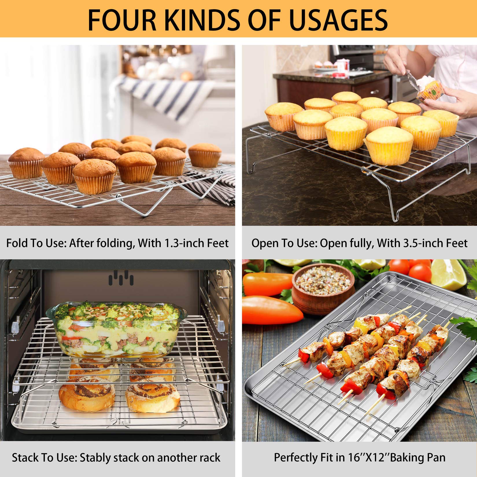 P&P Chef Cooling Rack Set, 2-Tier Stackable Stainless Steel Wire Racks For Baking Cooking Cooling Roasting, Collapsible & Heavy