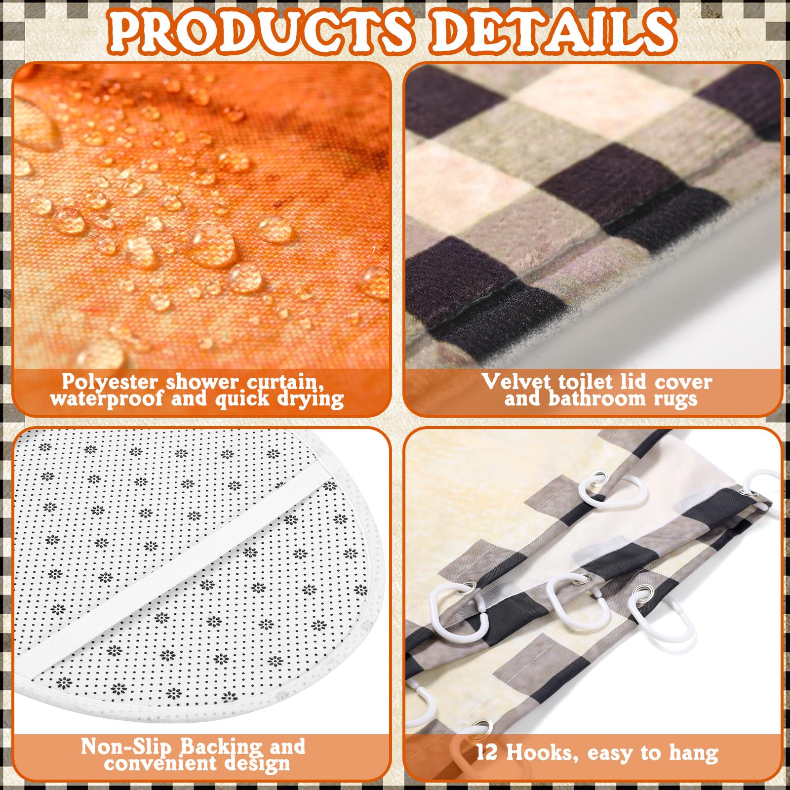 FuWeave 8 Pcs Thanksgiving Shower Curtain Set for Bathroom Decor Include Fall Grid Harvest Autumn Pumpkin Shower Curtain Towels