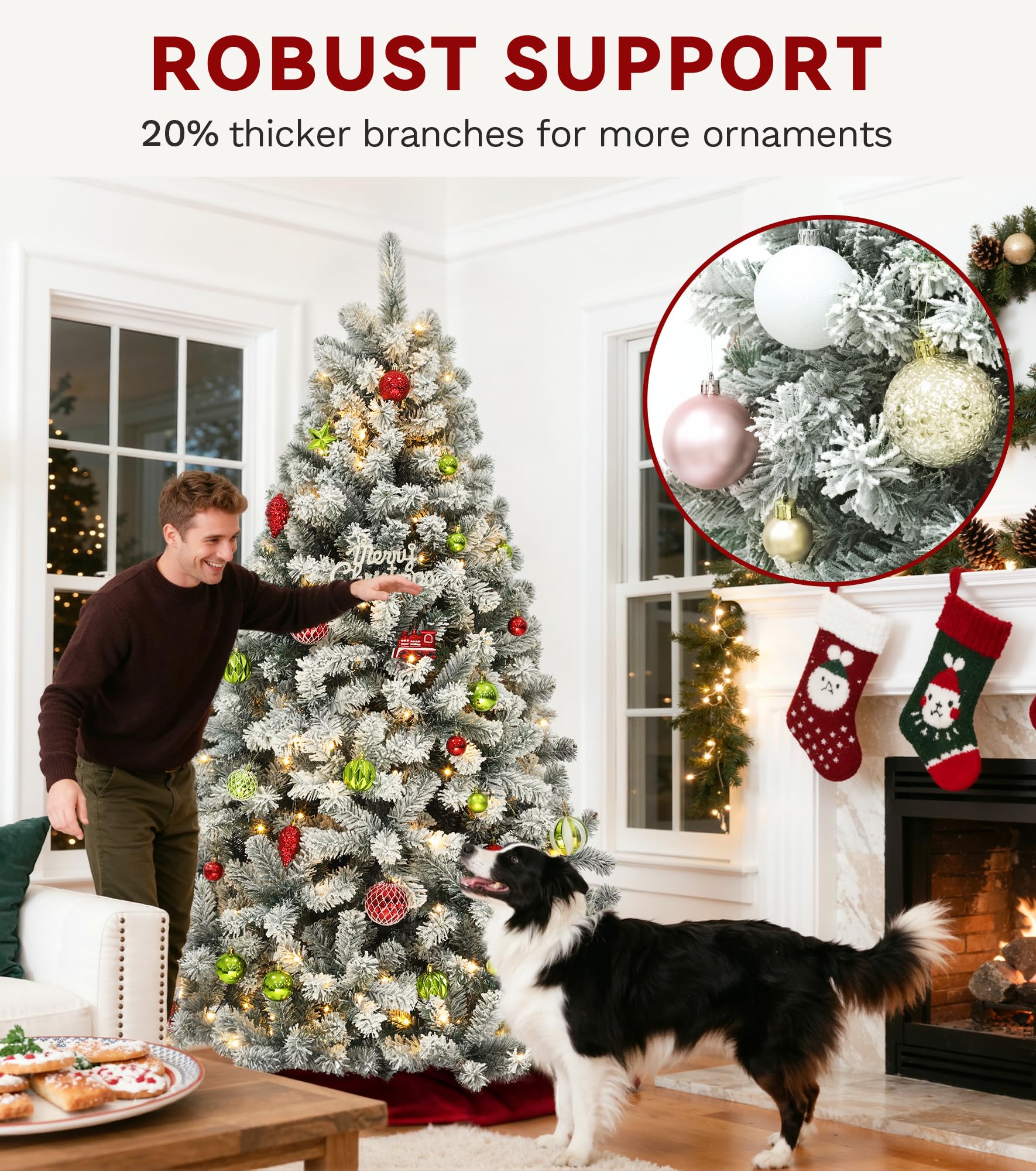 DWVO 9 ft Prelit Snow-Flocked Artificial Pine Christmas Tree, Full Xmas Tree with 900 Lights, 11 Lighting Modes, 2094 Tips, Fold