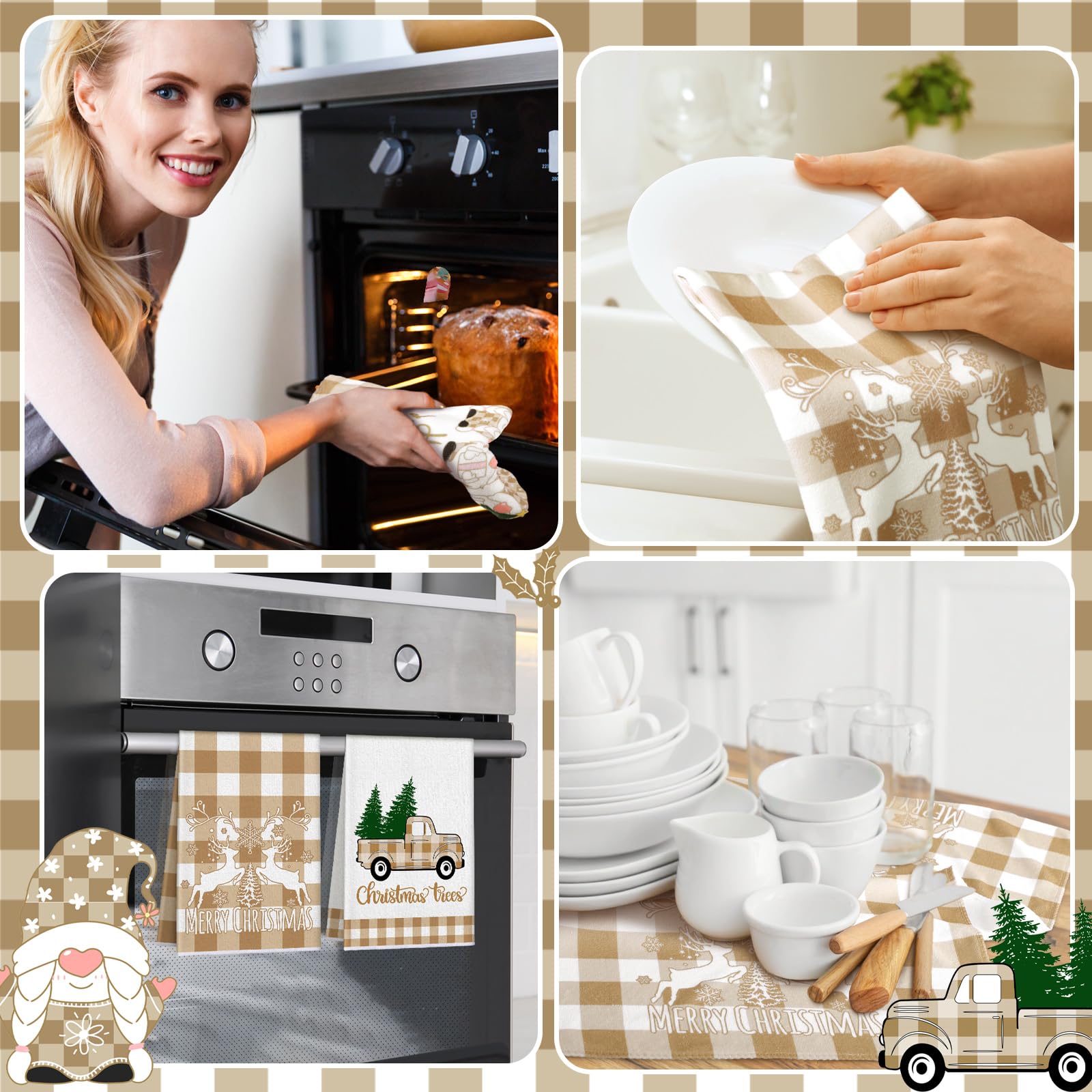 Sratte 6 Pcs Christmas Kitchen Towels Neutral Brown White Buffalo Plaid Dishtowels Absorbent Vintage Winter Bathroom Hand Towels