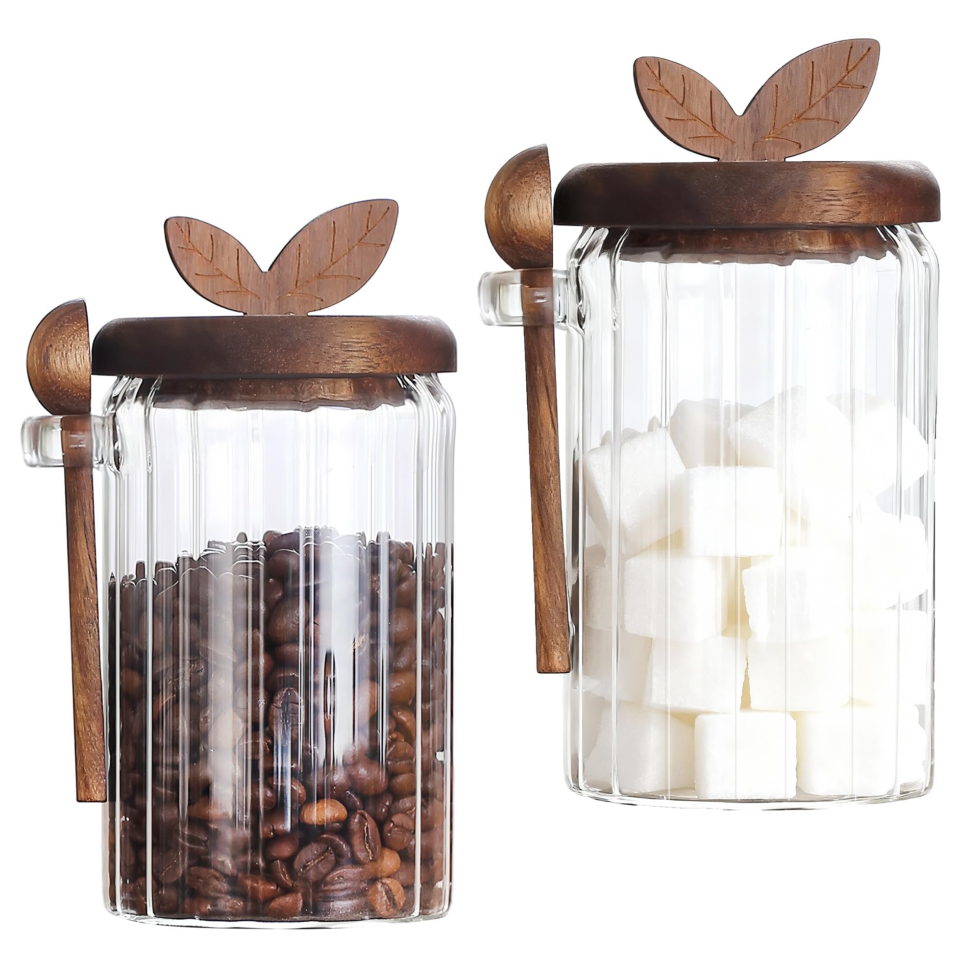 holoith 2 Pack Sugar Bowl Sugar Container 27oz Glass Jars with Bamboo Lid and Spoon, Airtight Food Storage Jar for Coffee Bar, K