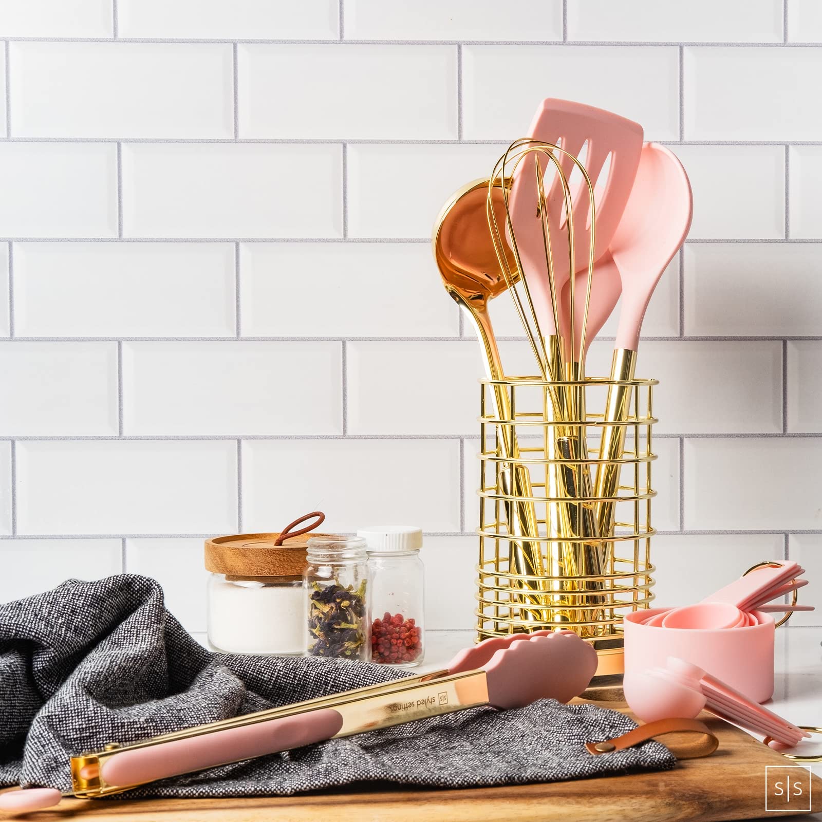 Gold & Pink Kitchen Utensils Set -17 Pc Pink Silicone And Gold Cooking Utensils Set Includes: Gold Utensil Holder, Pink Measurin