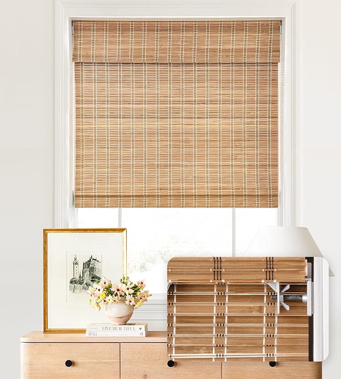 LazBlinds No Tools No Drill Cordless Bamboo Roman Shades, Light Filtering Window Treatment, Roll Up Bamboo Blinds for Windows 44