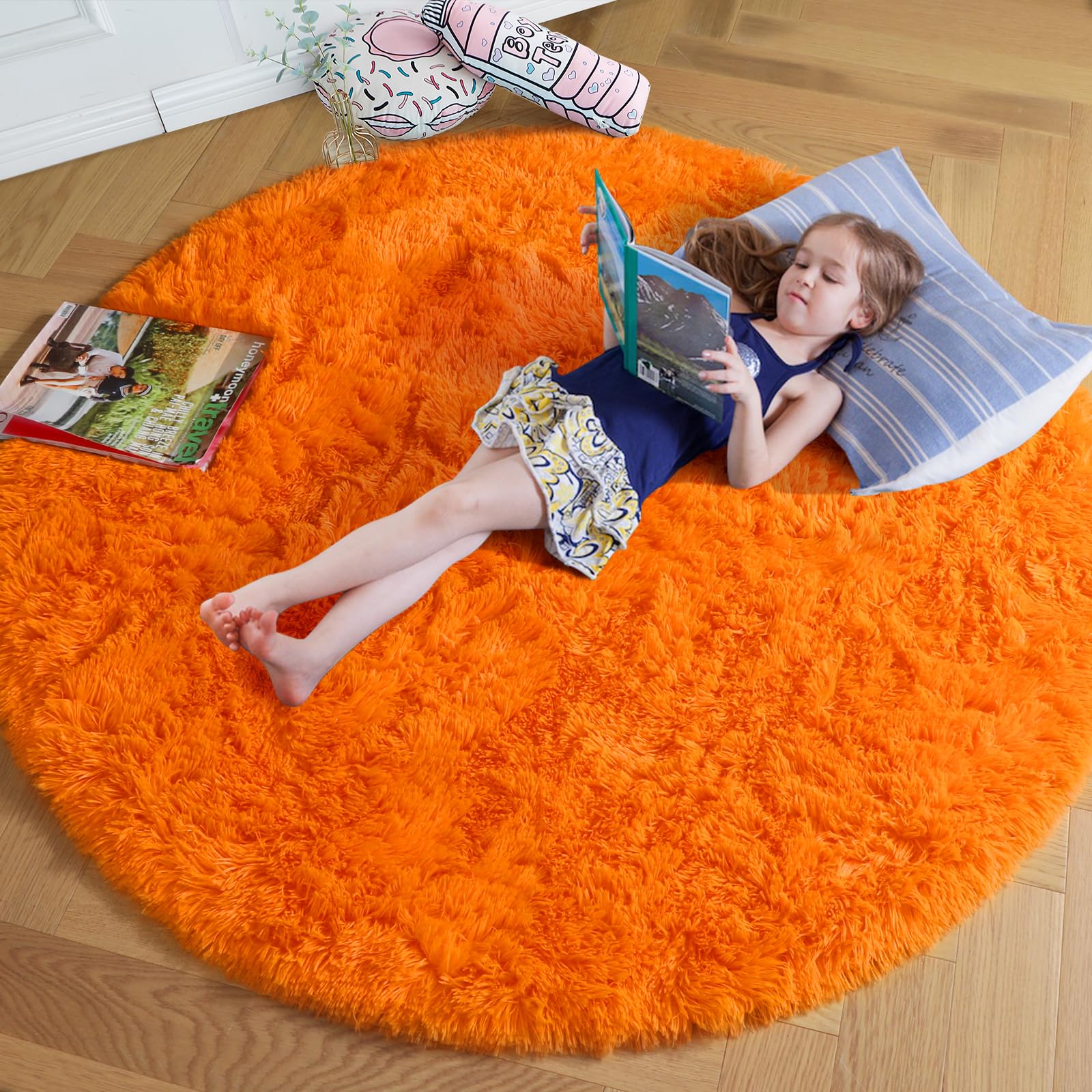 Amdrebio Orange Round Circle Rug 4Ft for Bedroom Living Room, Fluffy Fuzzy Area Rugs for Kids Room Decor Aesthetic, Cute Furry P