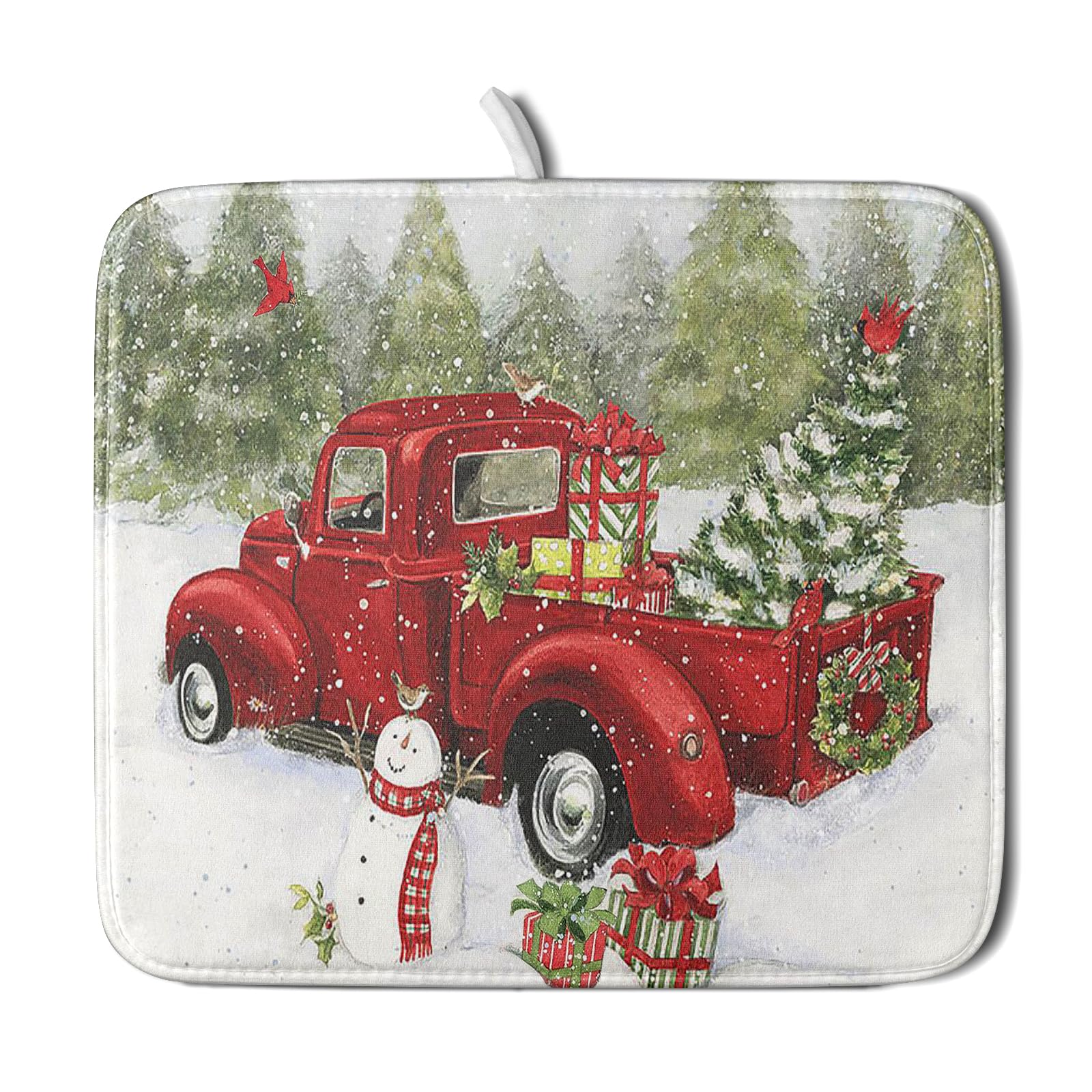Red Truck Snowman Christmas Drying Mat For Kitchen Counter 16X18 Inch Winter Xmas Tree Mat Pad Red Bird Dishes Pad Dish Drainer