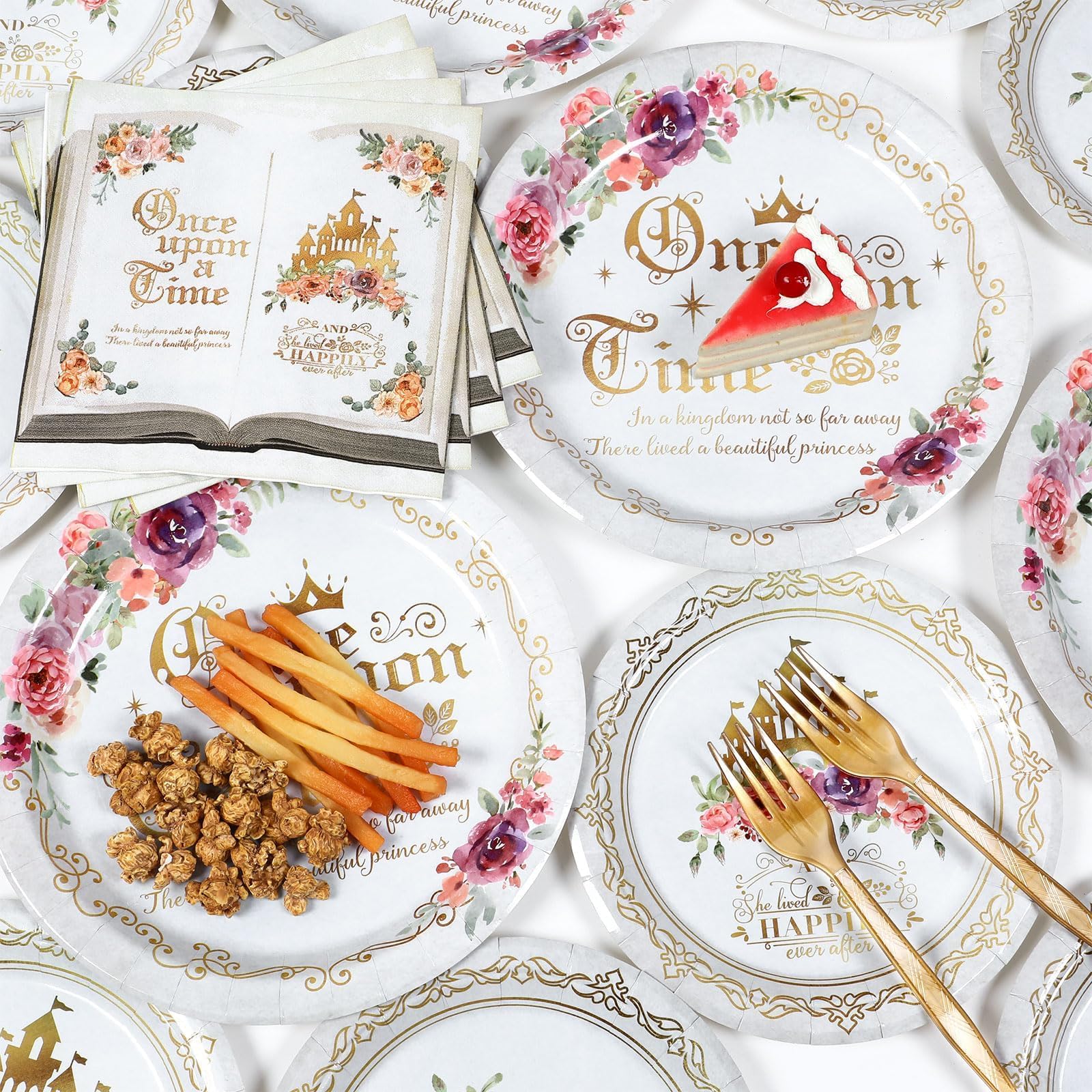 Fairytale Princess Plates And Napkins Once Upon A Time Party Tableware Set Plates For Wedding Girl Pink Floral Gold Castle Dinne