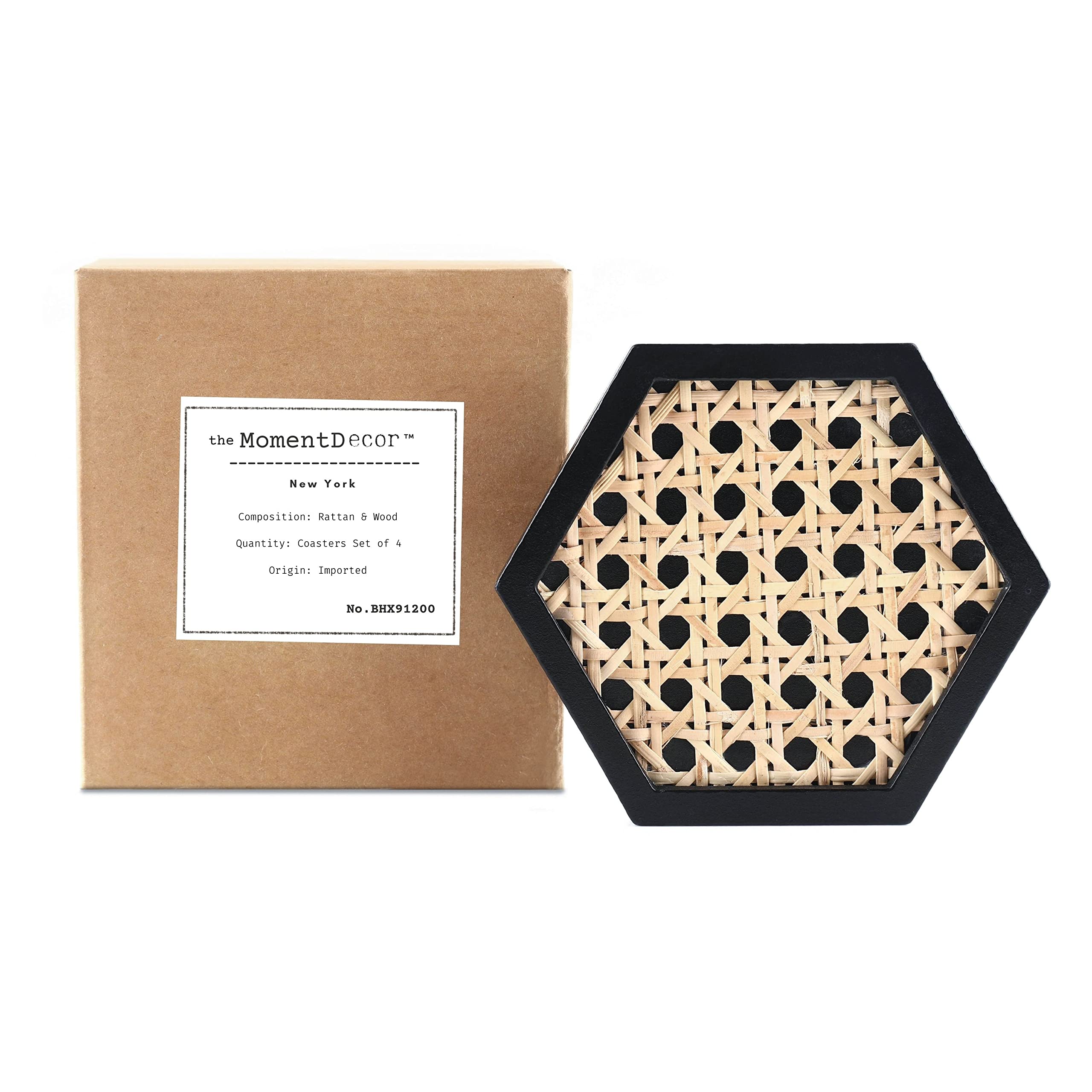 Unique Wooden Rattan Coasters | Stylish Rattan Decor To Protect Surfaces | Set Of 4 | Classic Black Coasters For Drinks | Natura