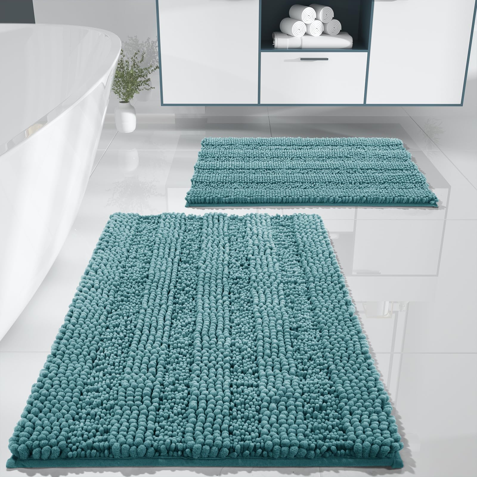 Yimobra Luxury Chenille Bathroom Rugs Sets 2 Piece, Extra Thick Non Slip Quick Dry Bath Mat For Shower Floor, Fluffy Microfiber
