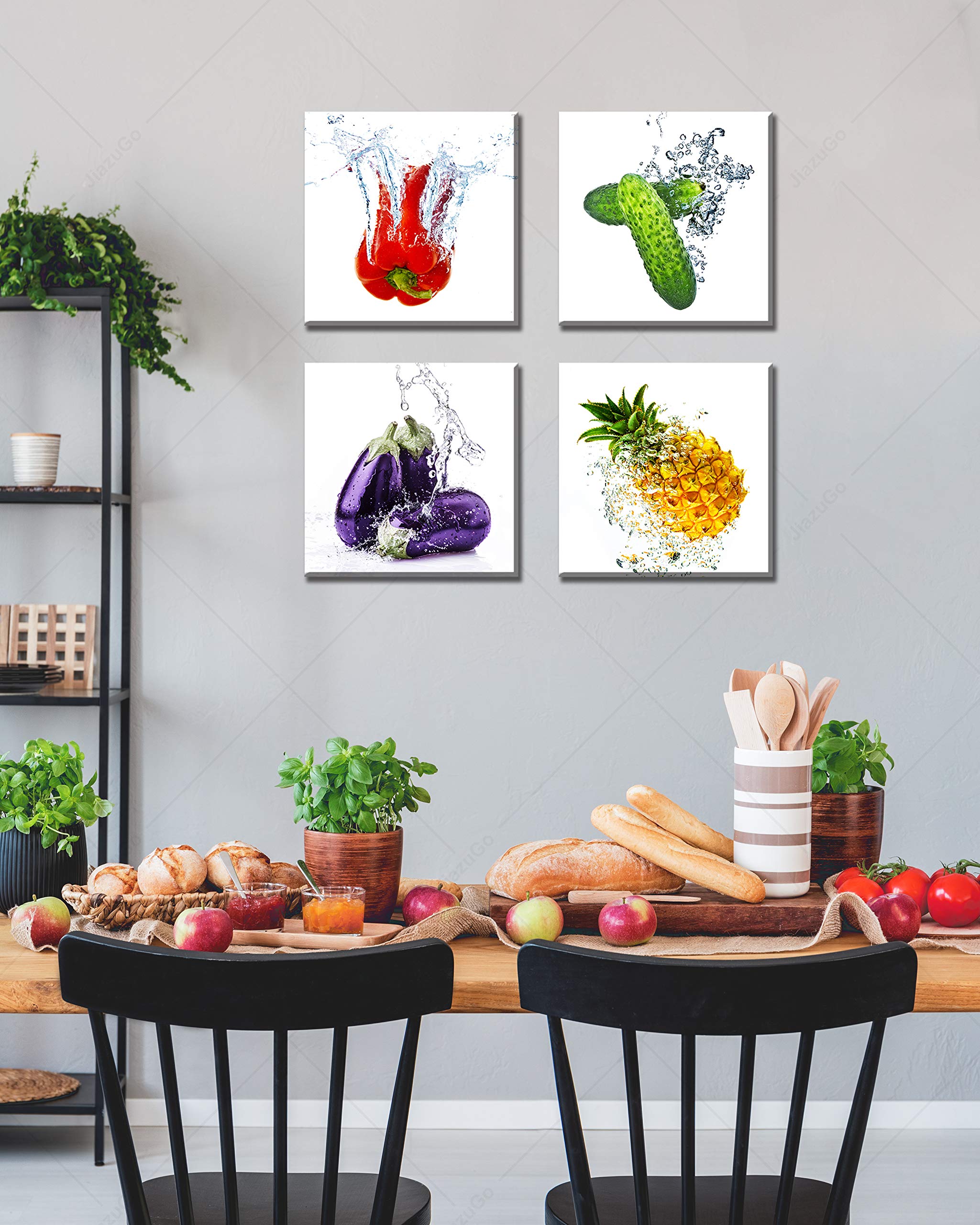Jiazugo Colorful Fresh Vegetables Canvas Wall Art Prints - Modern Kitchen Decor With Cucumber, Eggplant, Pineapple & Pimento - 1