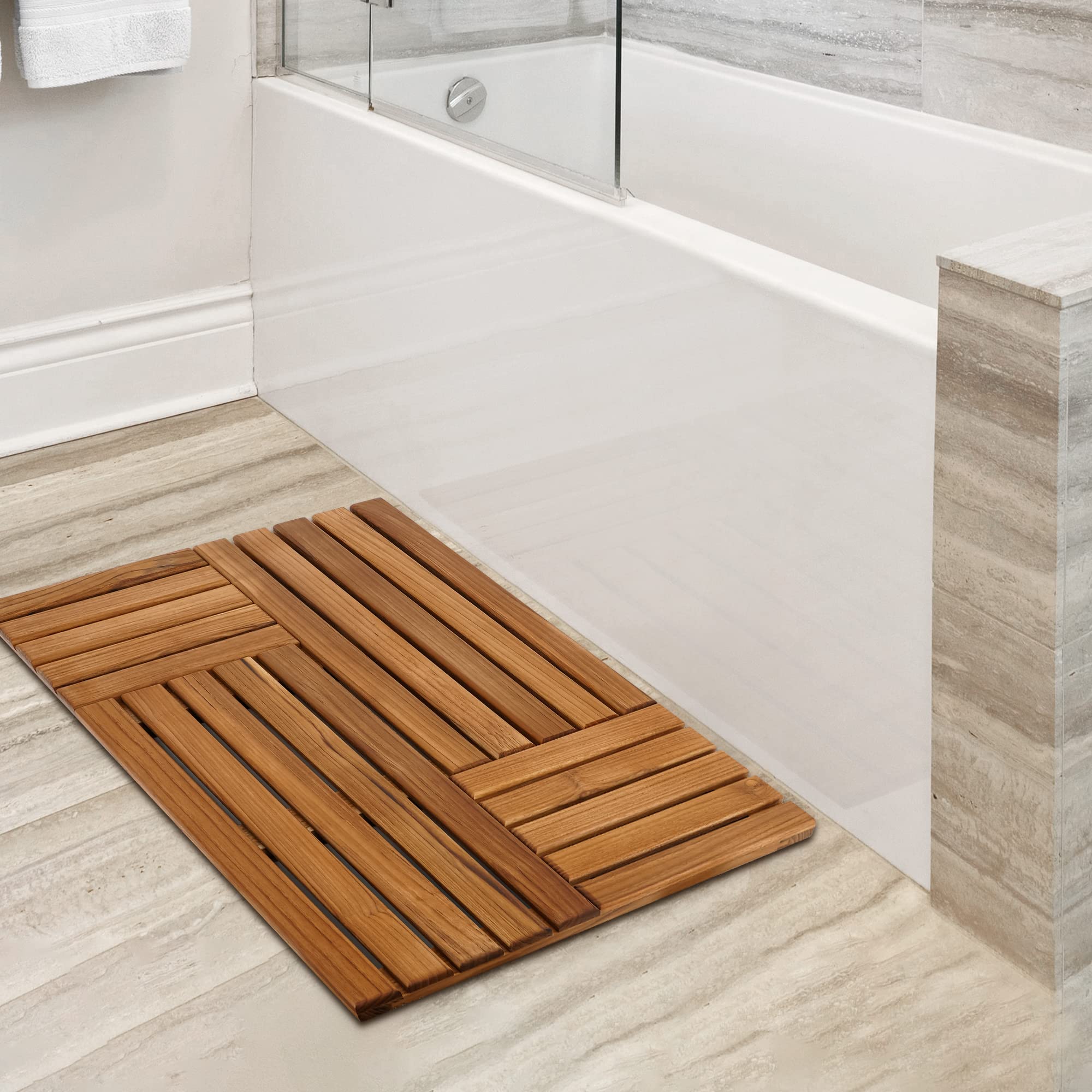 Utoplike Teak Wood Bath Mat, 31.8 X 20 Inch Large Wooden Shower Mat For Bathroom, Non Slip Wood Floor Sturdy Mat For Inside Show