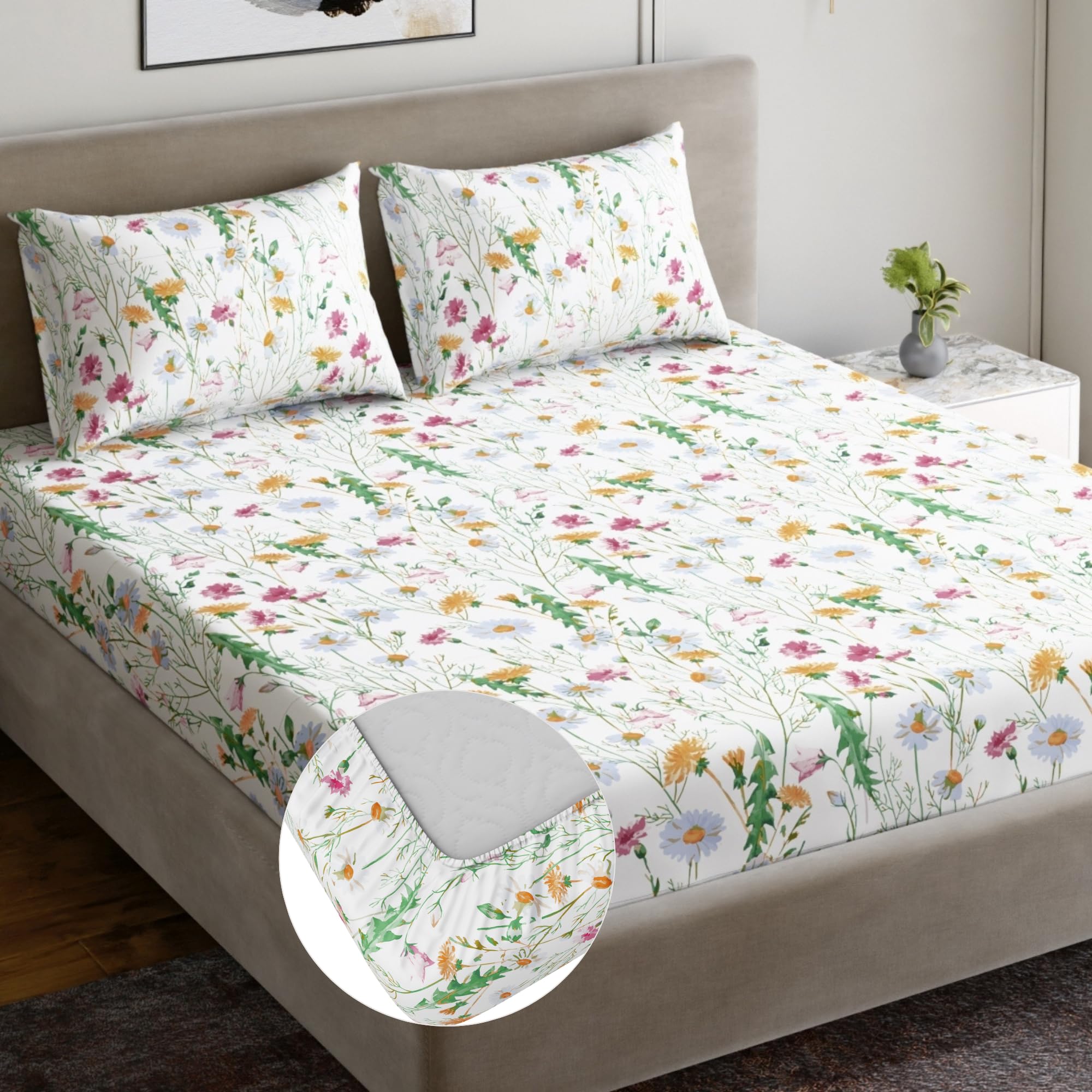 Dreamscape 100% Cotton Fitted Bedsheet for King Bed, 186 TC, 1 Fitted Bed Sheet (Size 72 x 78 inches) with 2 Pillow Covers  Pin