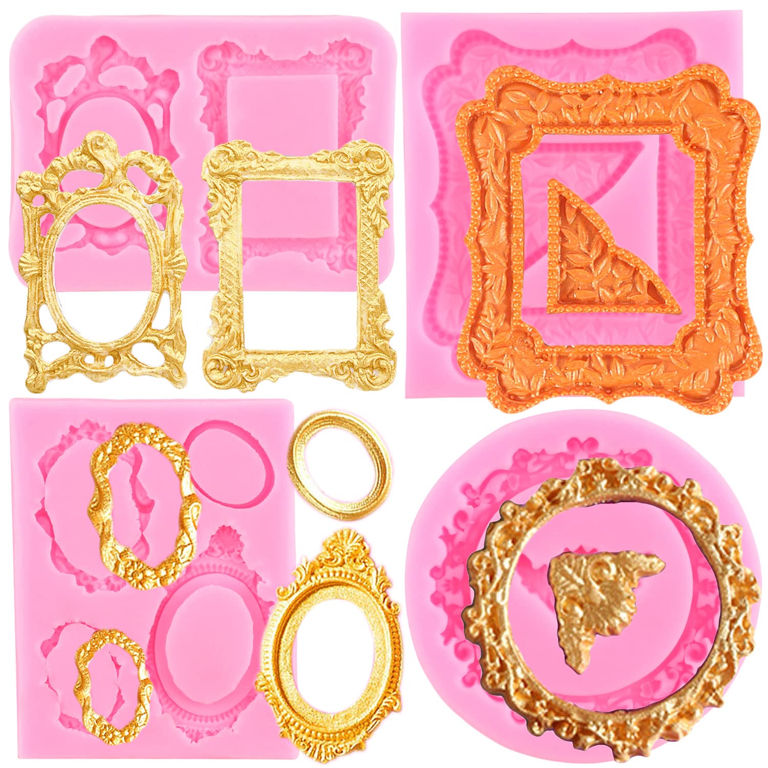 Mujiang Picture Frames Silicone Mold Photo Frame Fondant Mold Baroque Style Curlicues Scroll Lace Frame Molds For Cake Decoratin