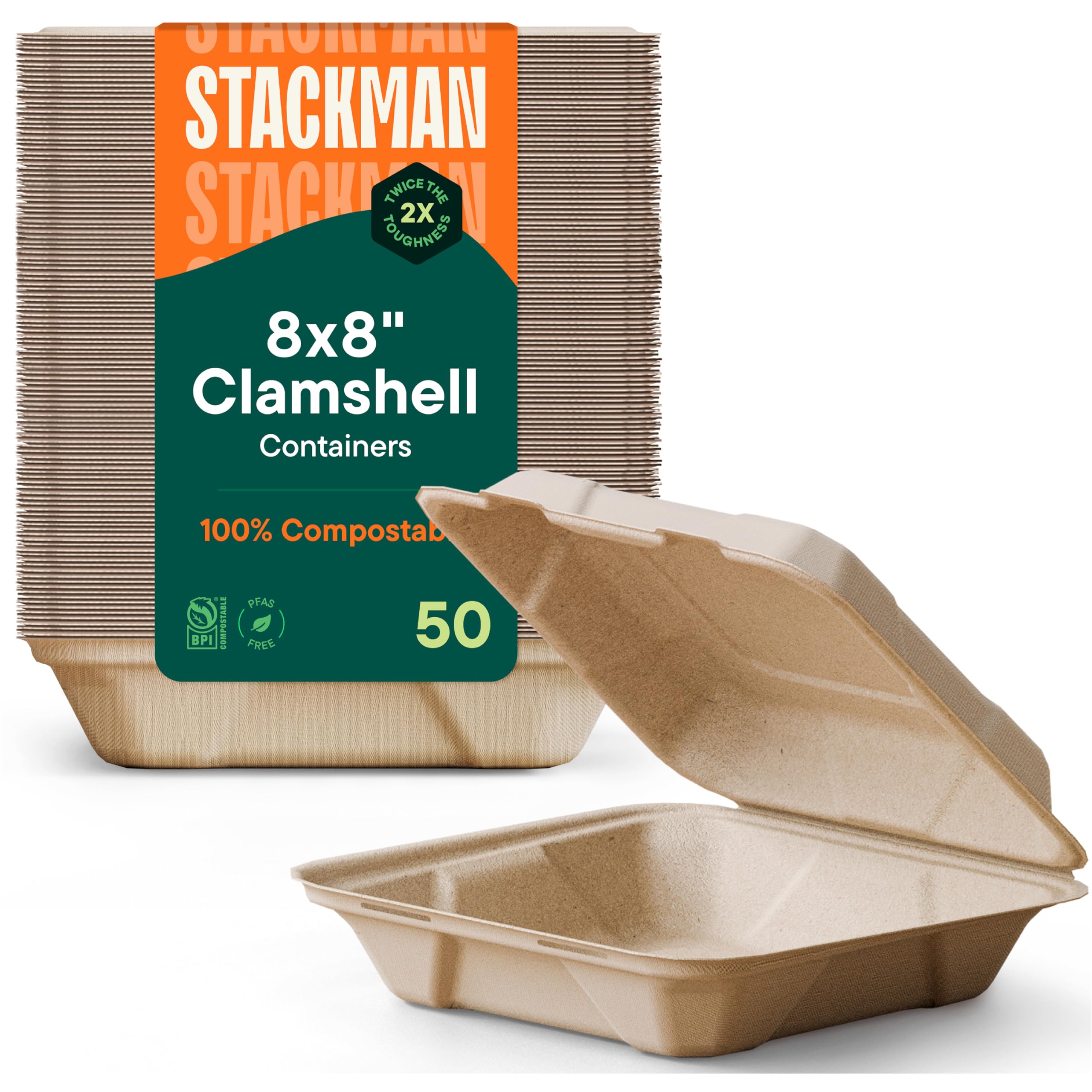 100% Compostable Clamshell Take Out Food Containers [8X8 50-Pack] Heavy-Duty Quality to go Containers, Natural Disposable Bagass