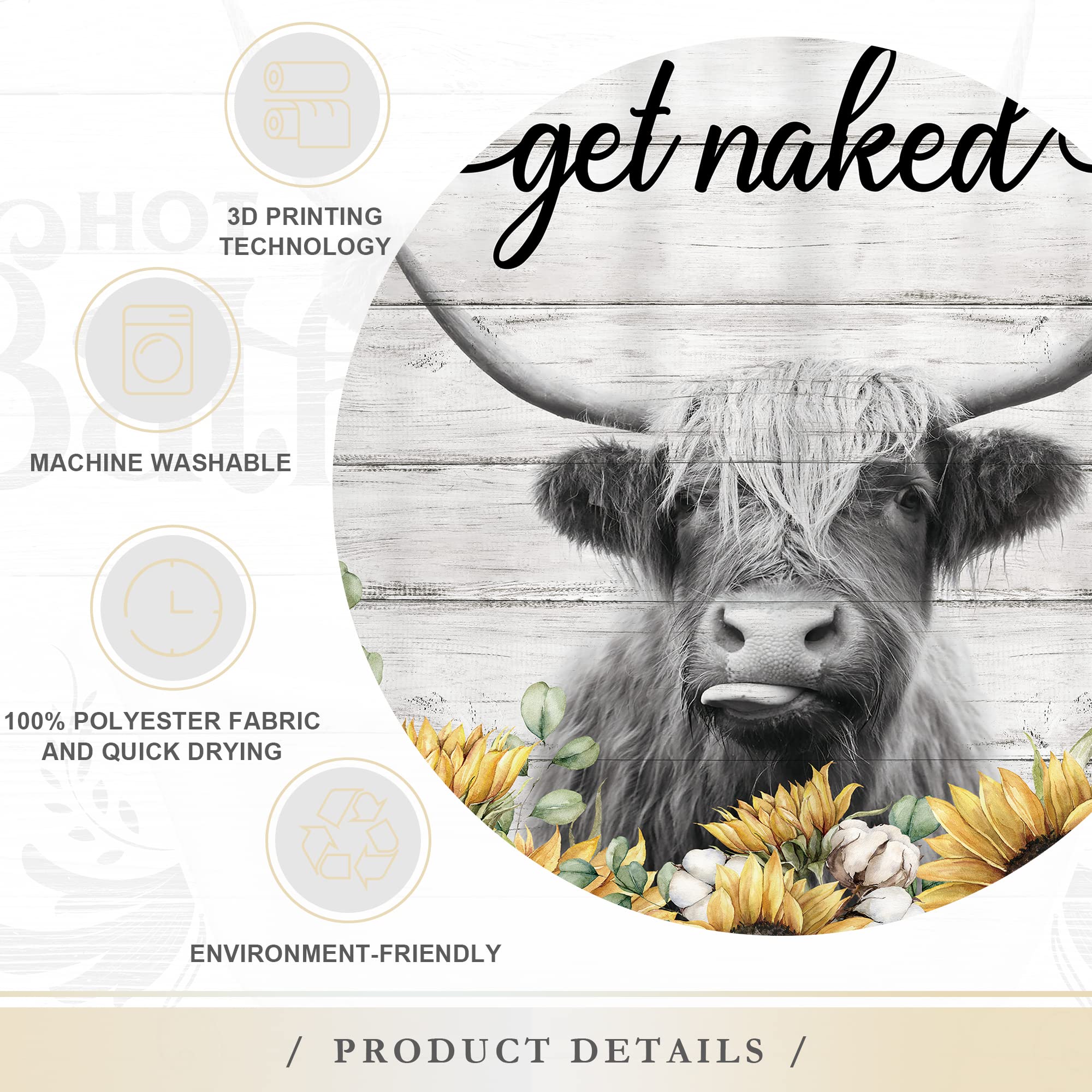 Glawry Rustic Sunflower Highland Cow Shower Curtain Get Naked Farmhouse Bull Bathroom Curtains Set Funny Animal Cattle Wood Barn