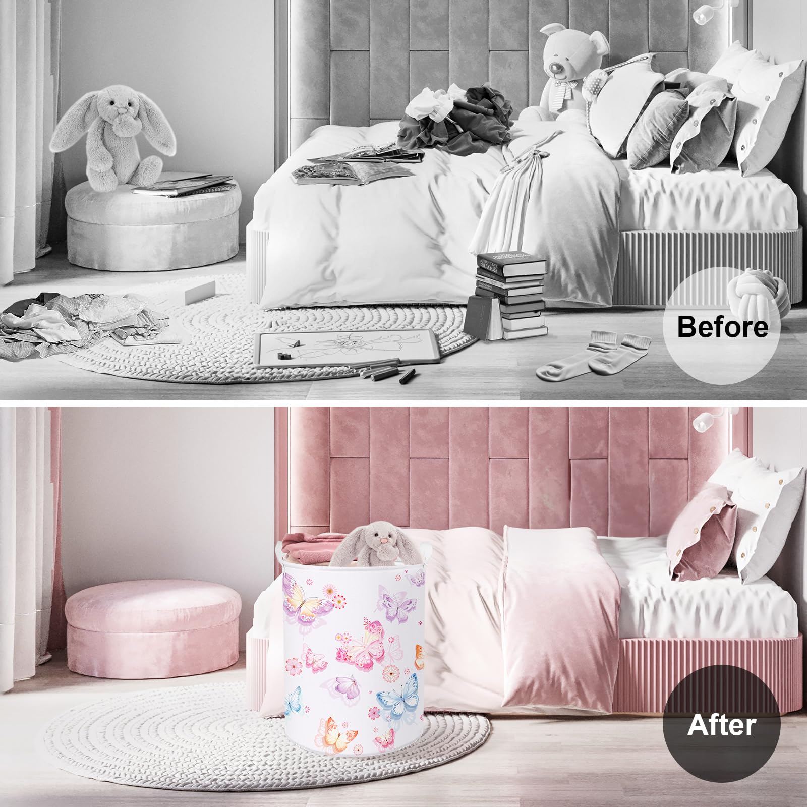 Clastyle Large Purple Pink Butterfly Laundry Basket Waterproof Flower Clothes Nursery Hamper for Baby Girl Collapsible Toy Stora