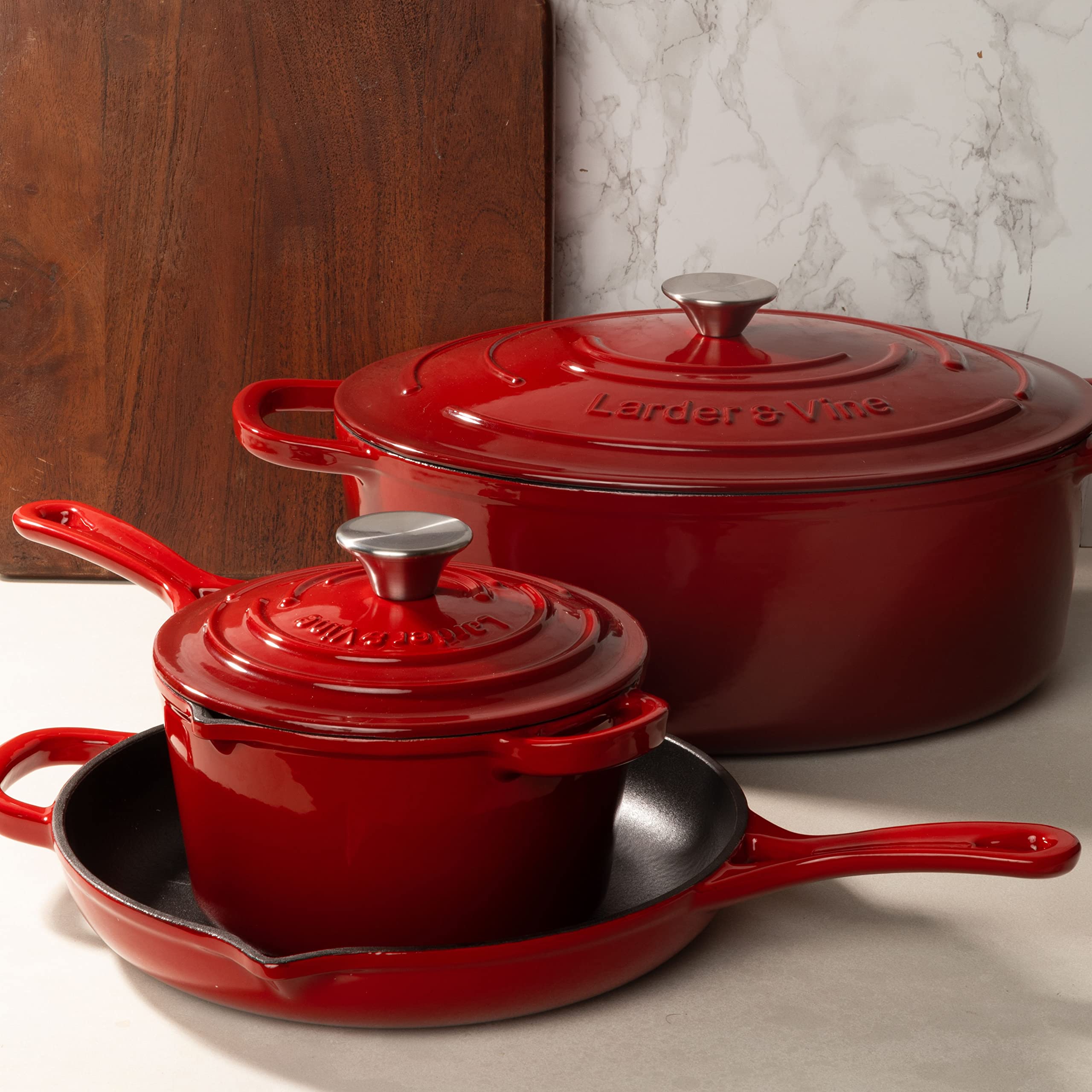 Larder & Vine 2.2 Quart Enameled Cast Iron Saucepan With Lid, Cast Iron Pan With Pour Spouts, Ergonomic Handle, Helper Handle, S