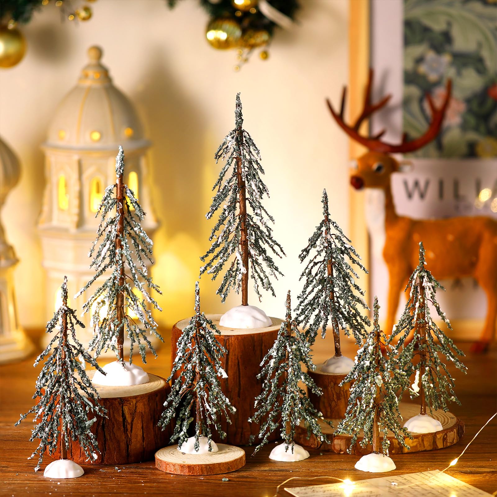 Uiifan 8 Pcs Christmas Village Trees Xmas Faux Artificial Small Tree Tabletop Artificial Trees Plastic Christmas Decorations for