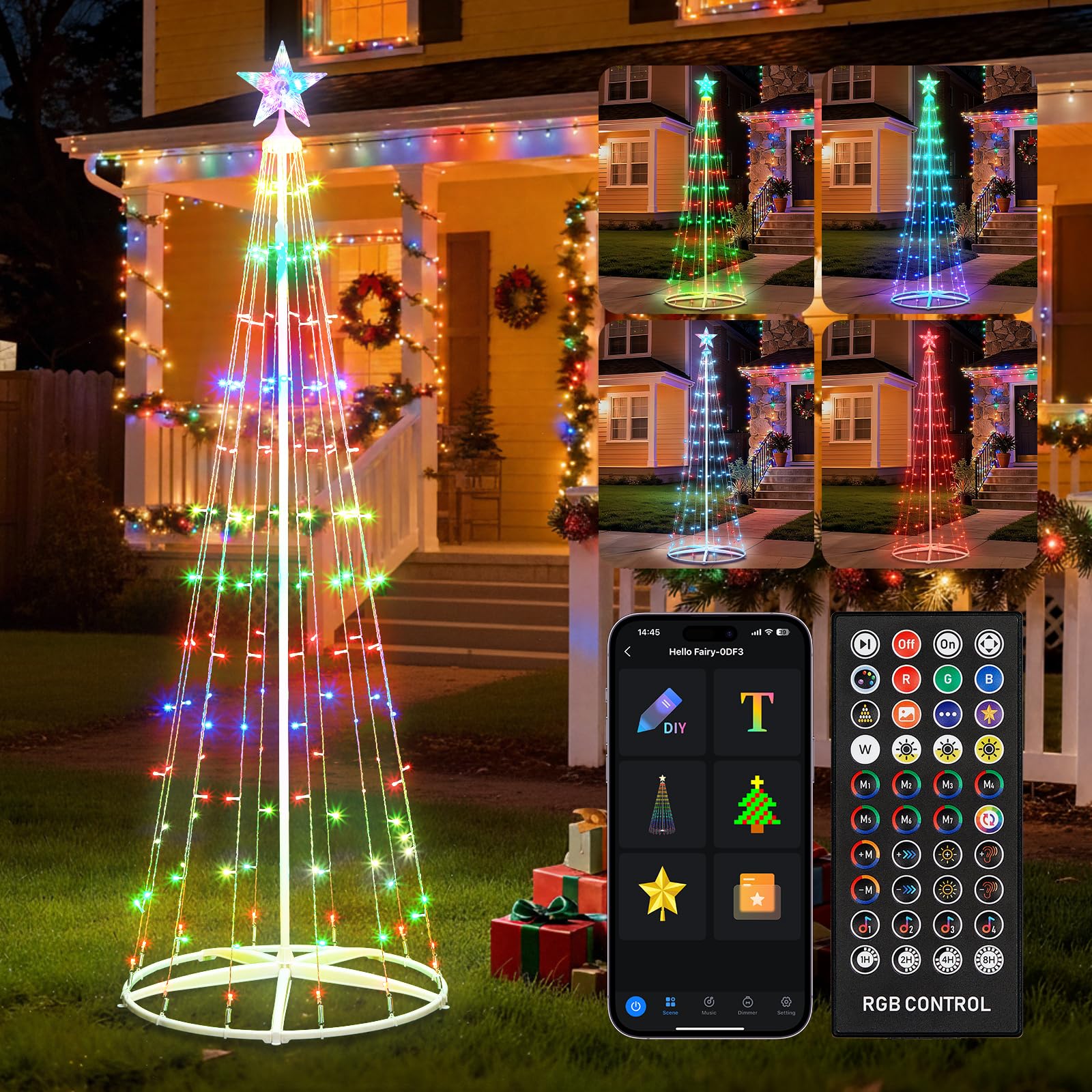 7.5Ft Smart LED Christmas Cone Tree Light, 178 LEDs Lighted Artificial Tree with Star Topper, Music Sync with Remote APP Control