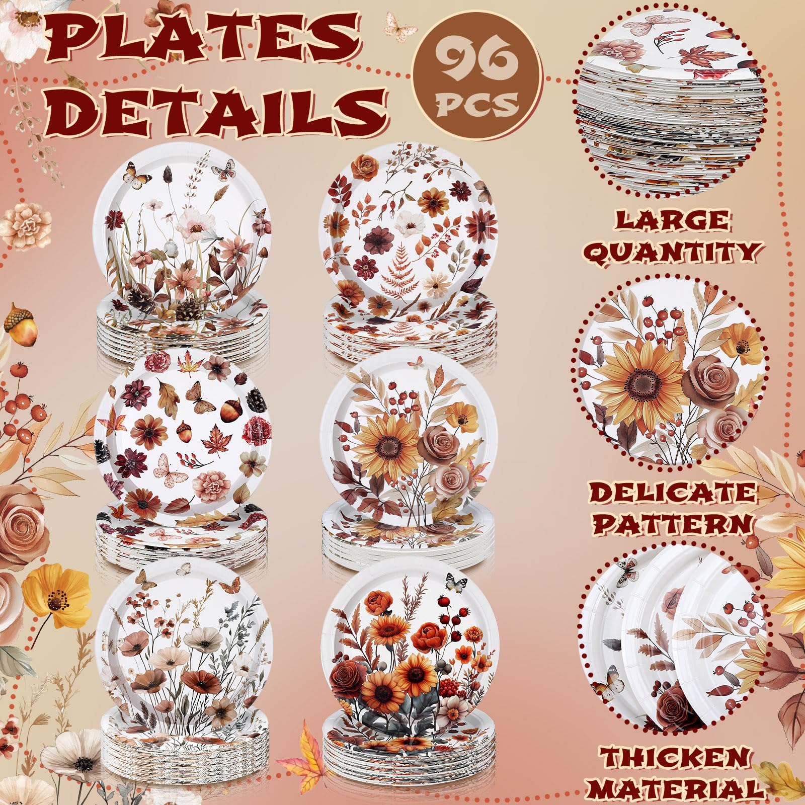 Fourluoo 96 Pcs Thanksgiving Fall Floral Plates Disposable 7 Inch Flower Butterfly Plates for Autumn Thanksgiving Day Party Birt