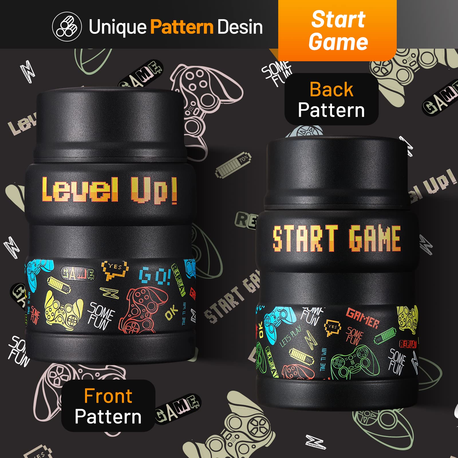 Charcy 17Oz Kids Thermo For Hot Food - Soup Thermo With Folding Spoon - Insulated Food Jar For Hot & Cold Food - Black Game