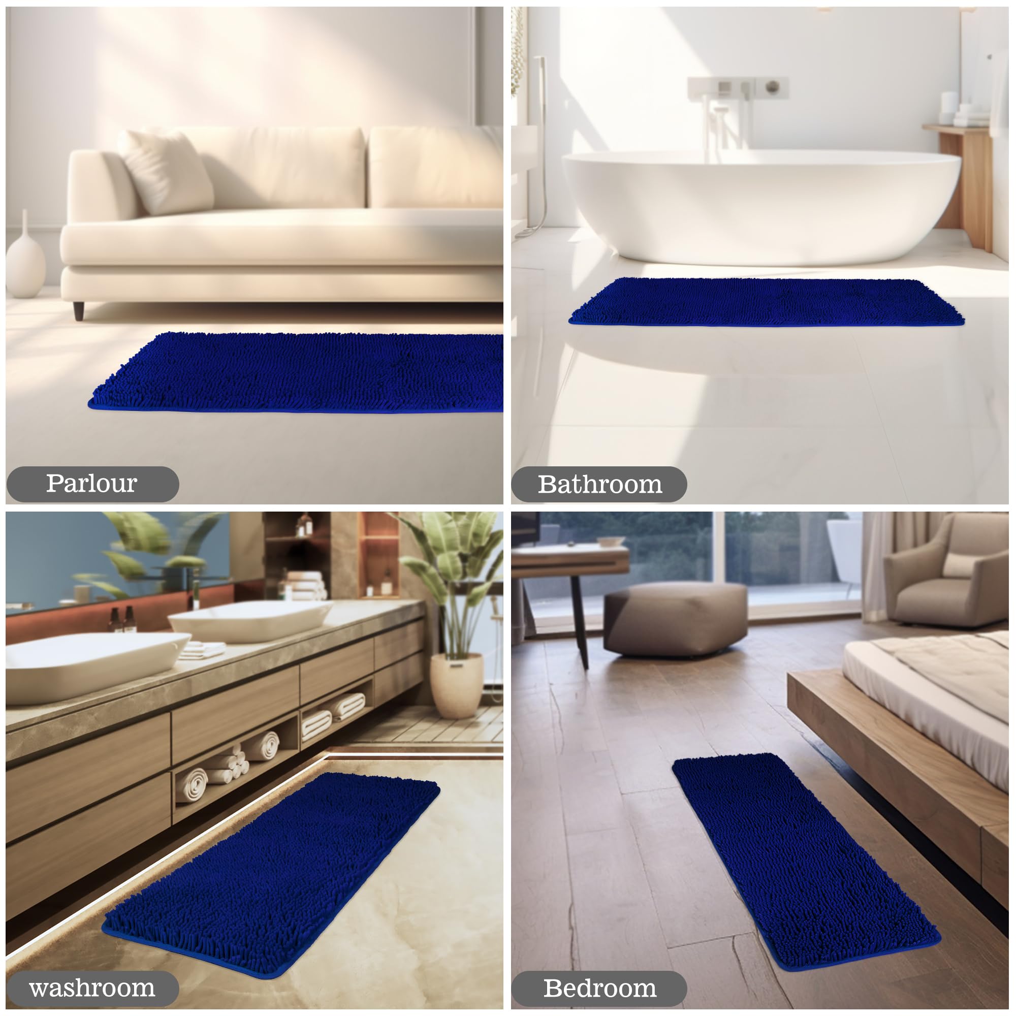 Yeaban Royal Blue 47 X 17 Bathroom Rug - Thick Chenille Bath Mats | Absorbent And Washable Bath Rug Non-Slip, Plush And Soft Rug