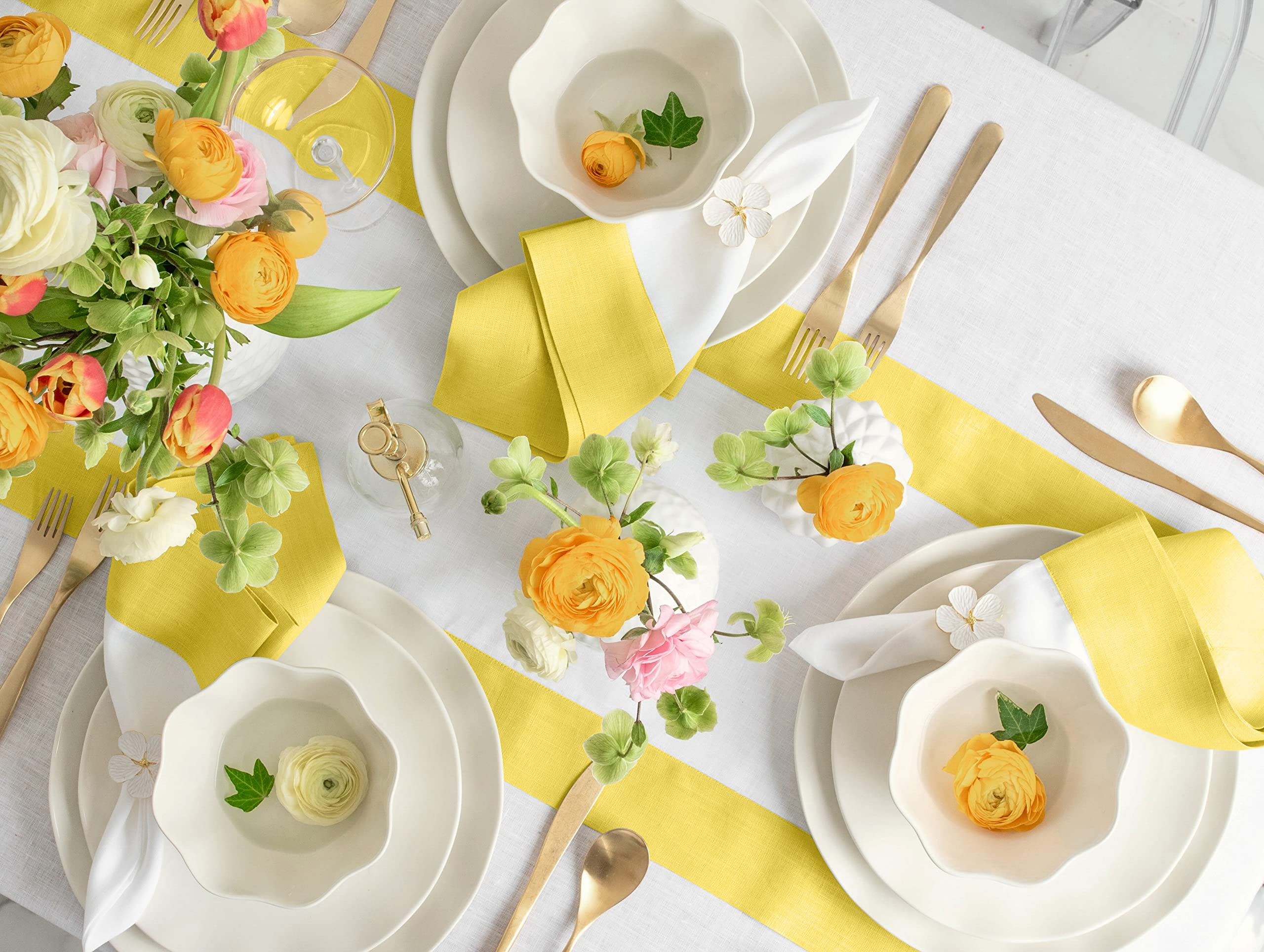 Solino Home Linen Table Runner 14 x 72 Inch - 100% Pure Linen Sunshine Yellow and White Table Runner for Spring  Summer  Dining - Contempo  Handcrafted from European Flax and Machine Washable