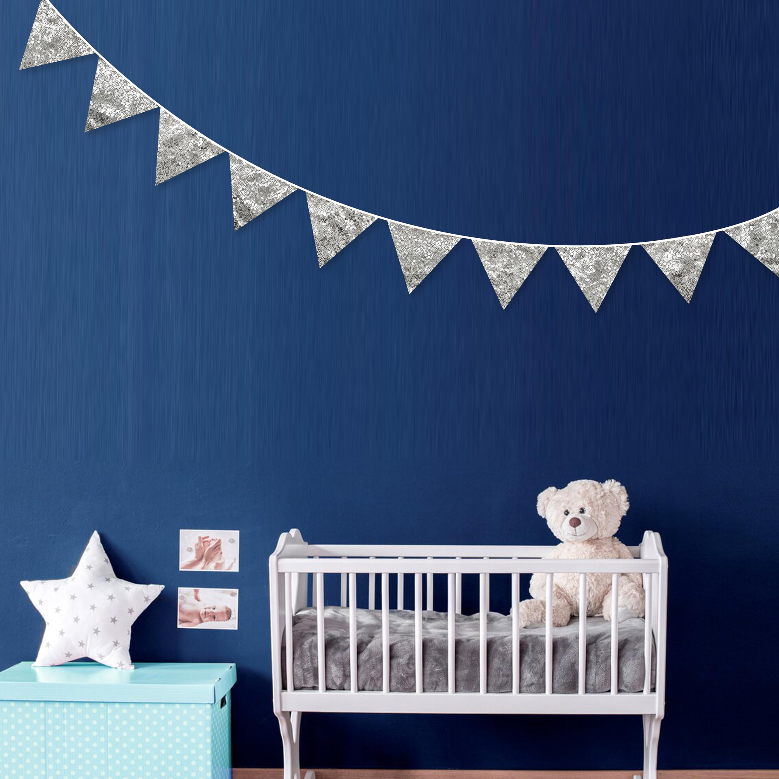 Pinkblume Silver Decorations Double Sided Silver Sequin Fabric Triangle Pennant Banner Flag Bunting Garland For Silver Theme Nur