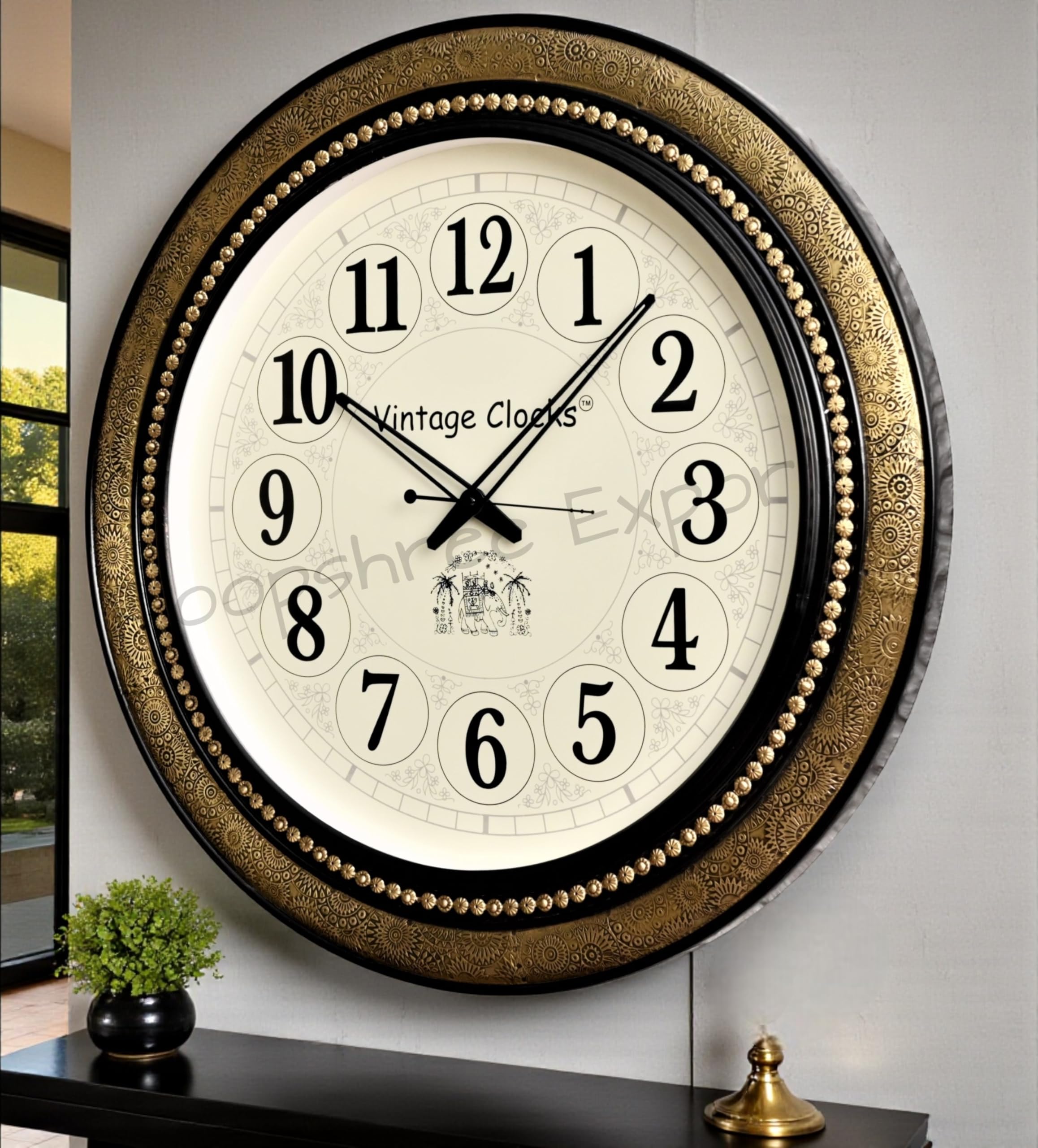 Vintage Clock Extra Large Handcrafted Brass Inlay Wooden Analog Clock / 1 Year Warranty/English Numerals (Vc-1711-24-H)