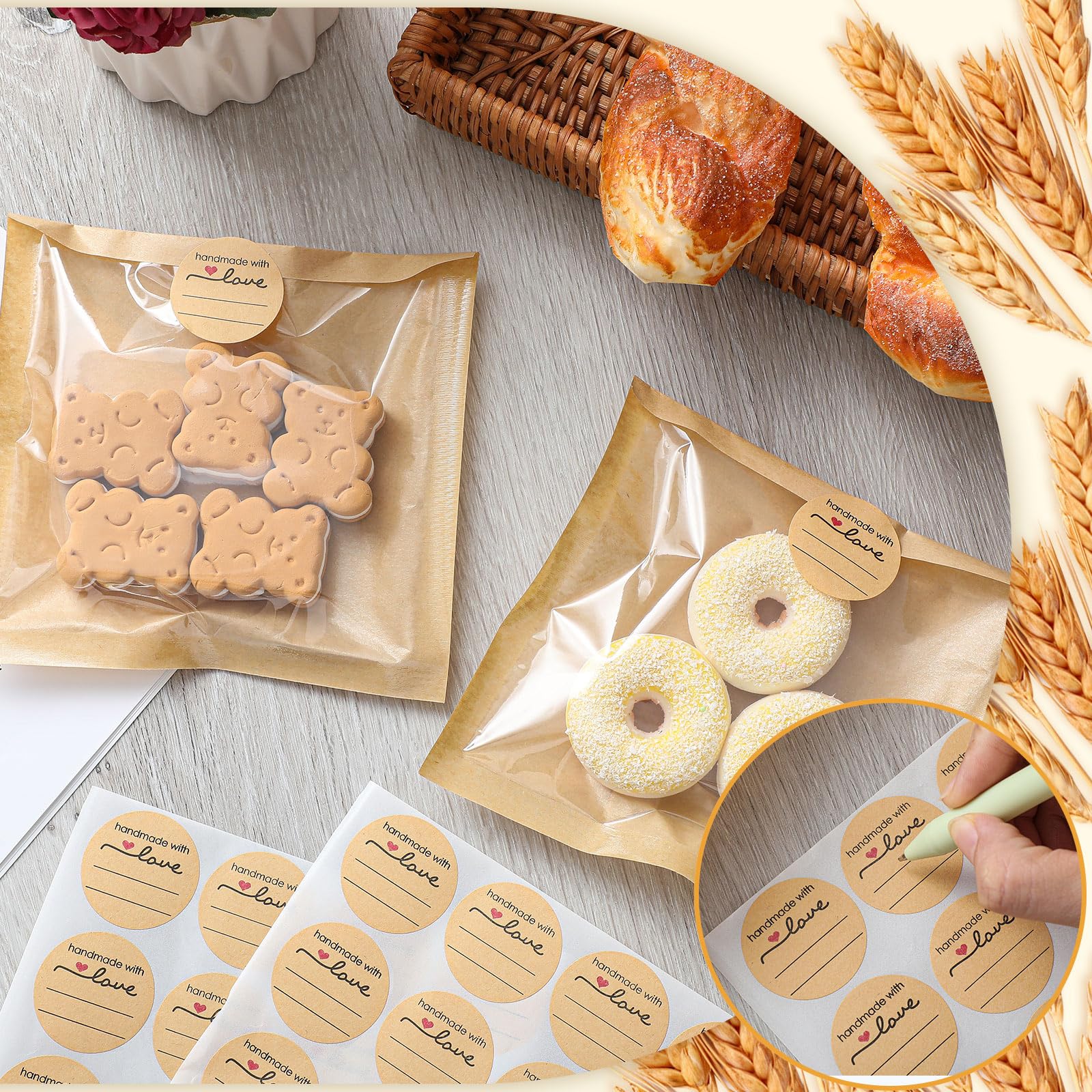 Outus 200 Pcs Cookie Packaging Bags with Seal, 5 x 6 Inch Bakery Pastry Bags with Window, Heat Sealable Grease Resistant Paper t