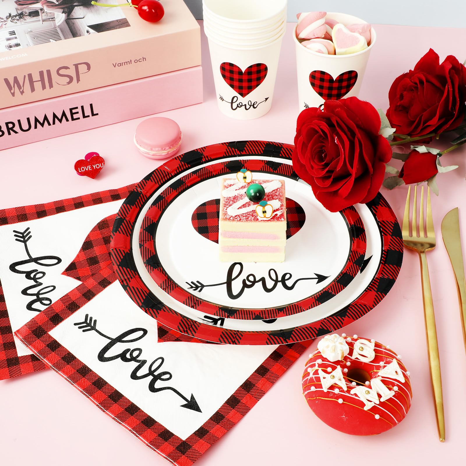 Whaline 100Pcs Valentine'S Day Tableware Set Buffalo Plaid Love Heart Disposable Dinnerware Set 50Pcs Paper Plates 25Pcs Napkin