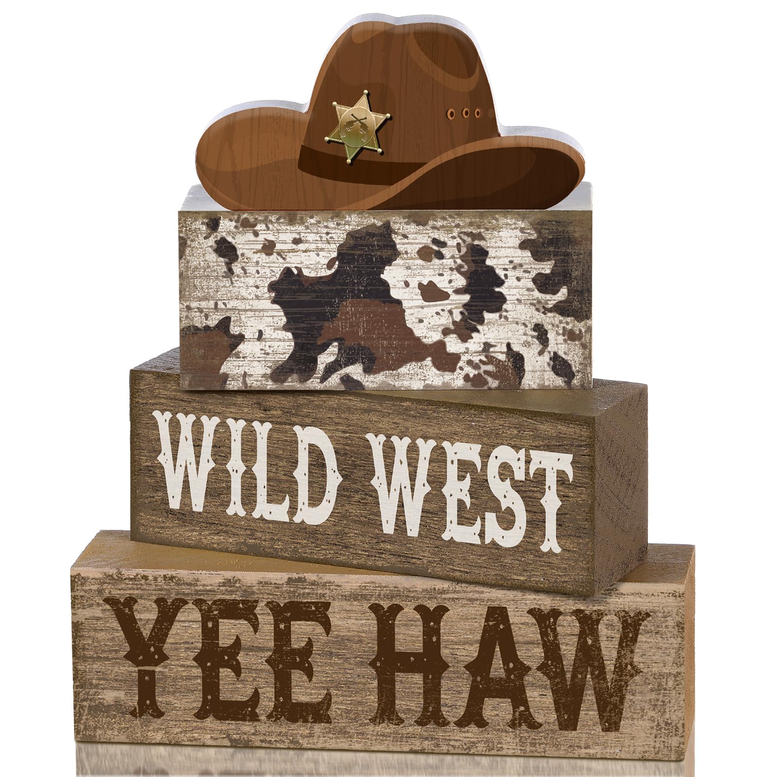 Yuntau 4 Pcs Western Tiered Tray Decorations Set Cowboy Hat Stack Block Signs Desert Farmhouse Rustic Tabletop Tiered Tray Decor