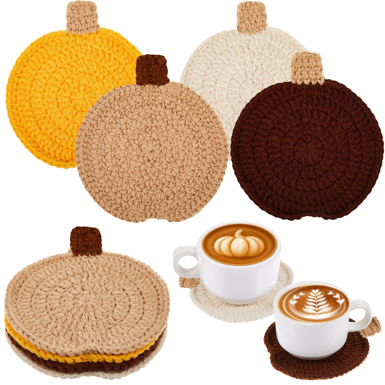 Hushee 4 Pcs Fall Crochet Coasters Thanksgiving Pumpkin Coaster 4.72 Handmade Woven Pumpkin Drink Cup Mats for Autumn Harvest Gi