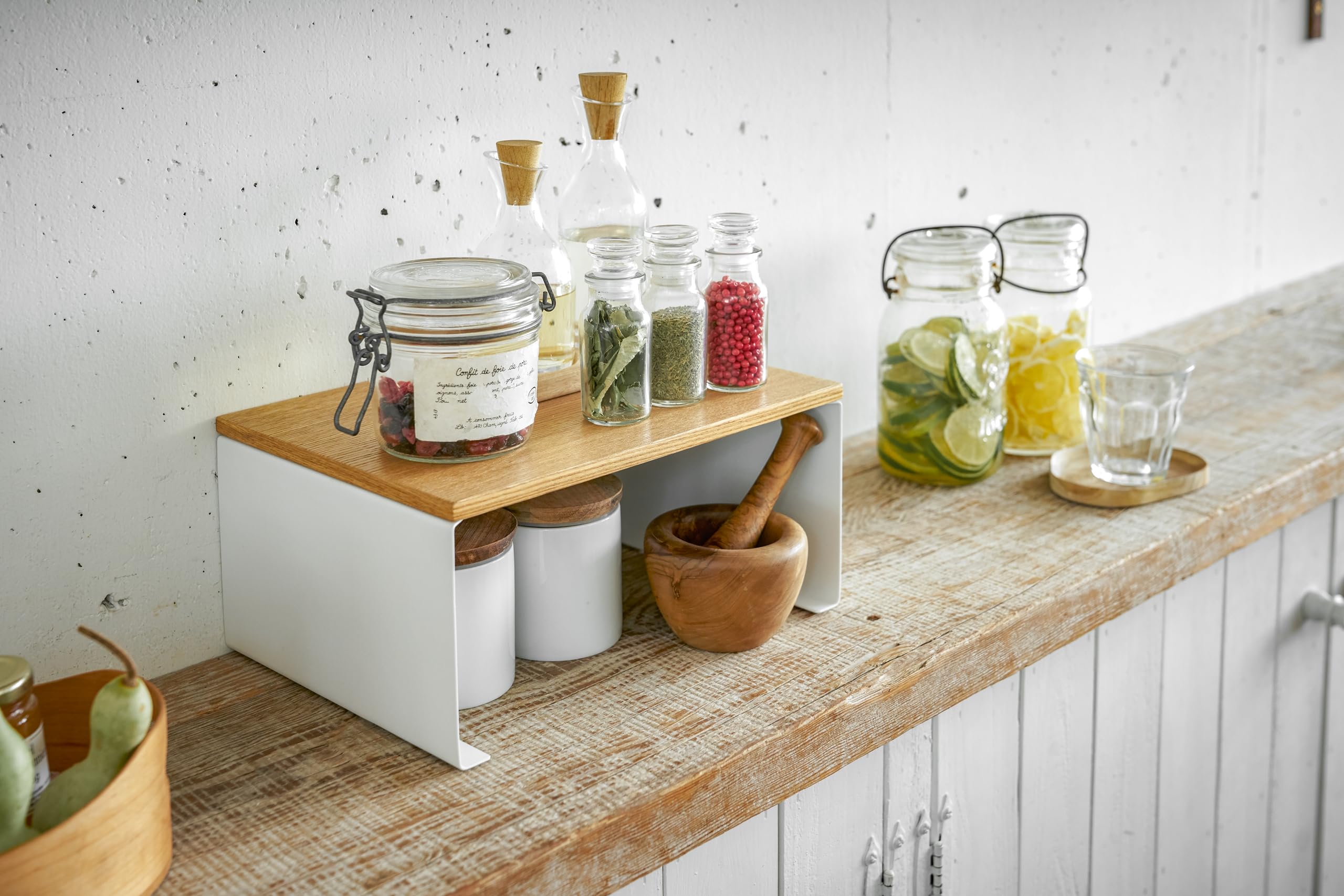 Yamazaki Home Wood-Top Stackable Kitchen Rack - Modern Counter Shelf Organizer Steel + WoodLargeWhite